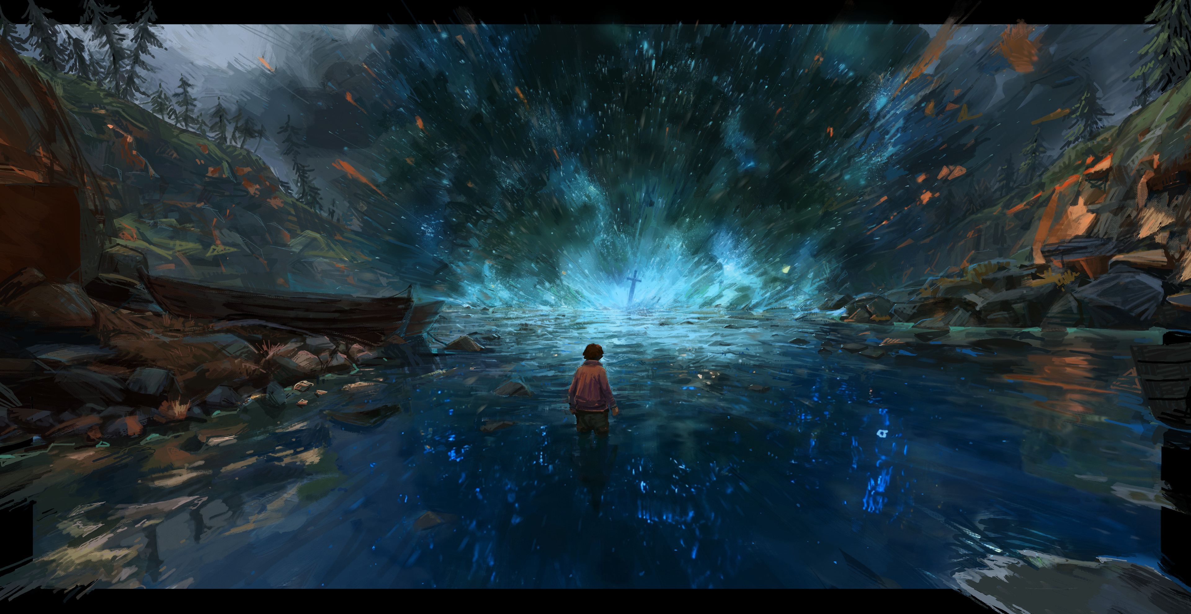 Man stands in glowing blue water with cosmic phenomenon HD Wallpaper