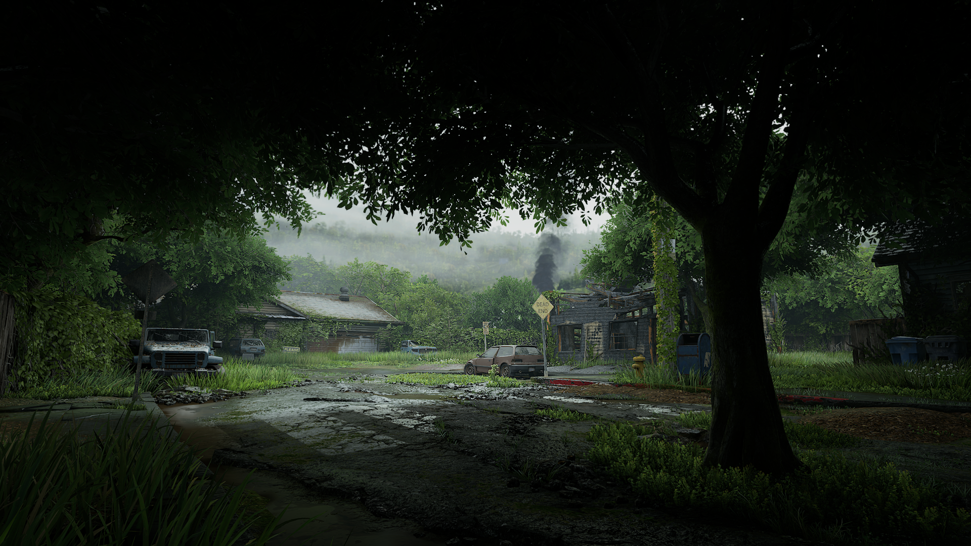 The Last of Us 2 post-apocalyptic scene with abandoned vehicles HD Wallpaper