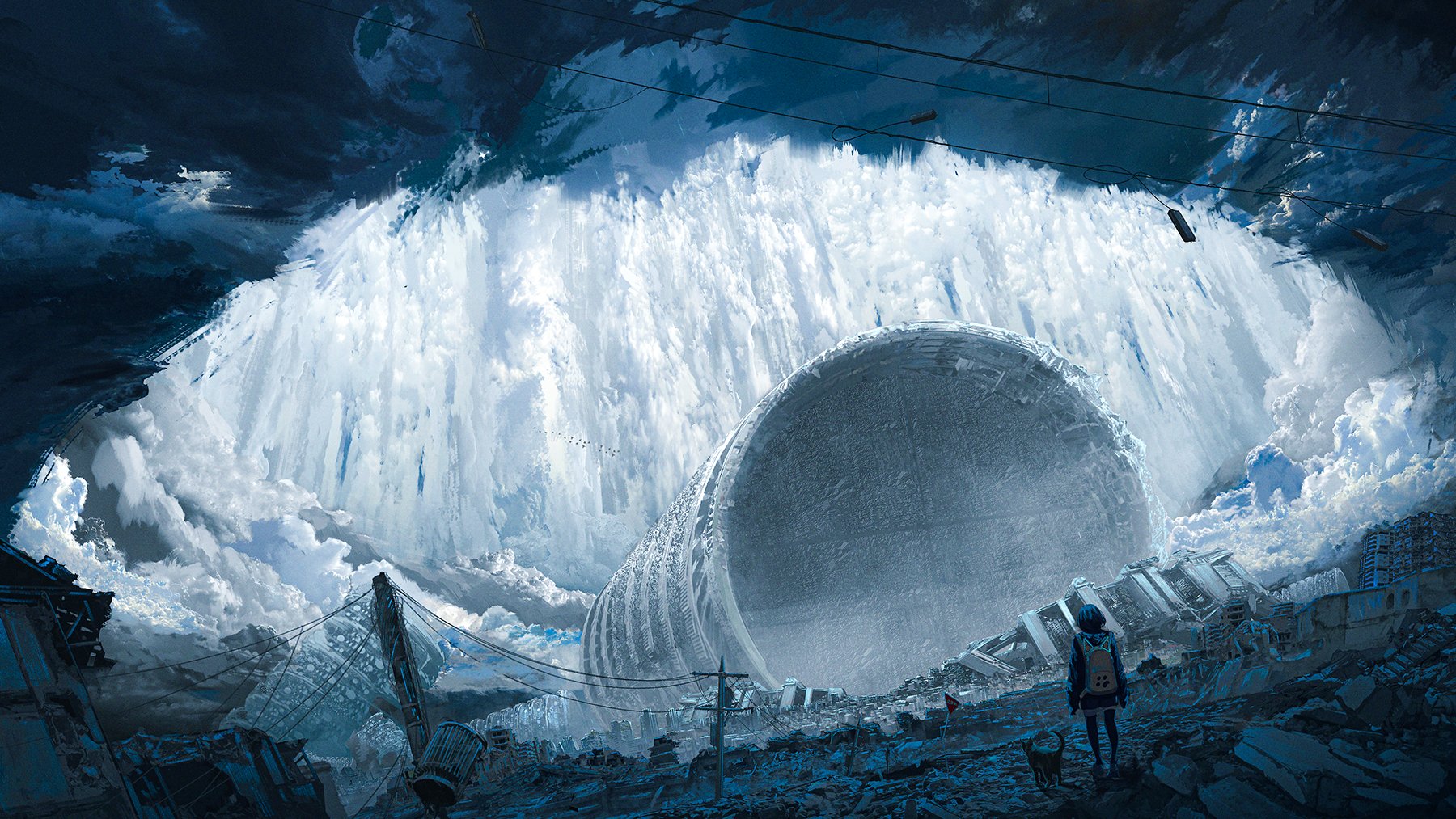 Post-apocalyptic cityscape with a giant cylindrical structure and a waterfall HD Wallpaper