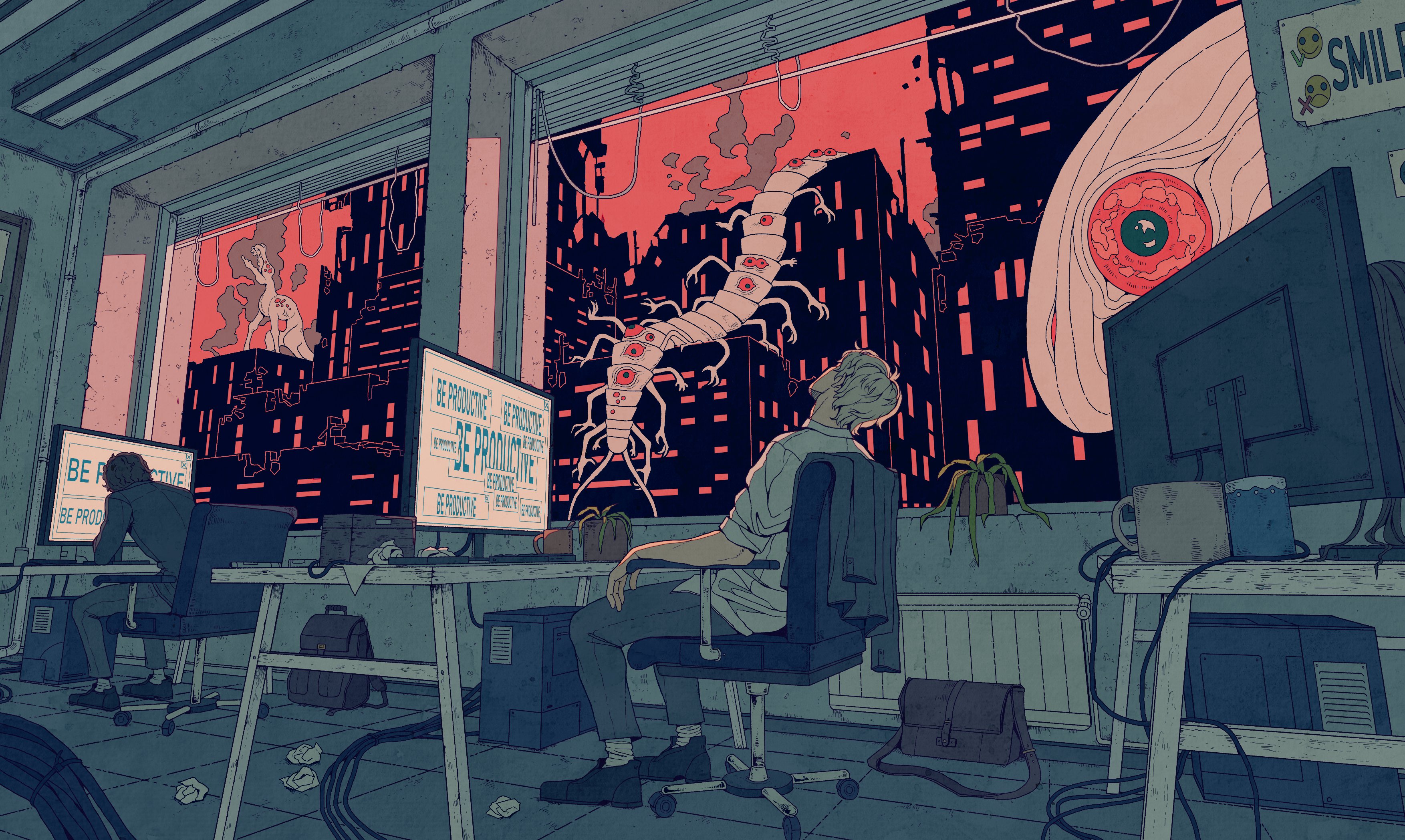 Creature and men in a dystopian office HD Wallpaper