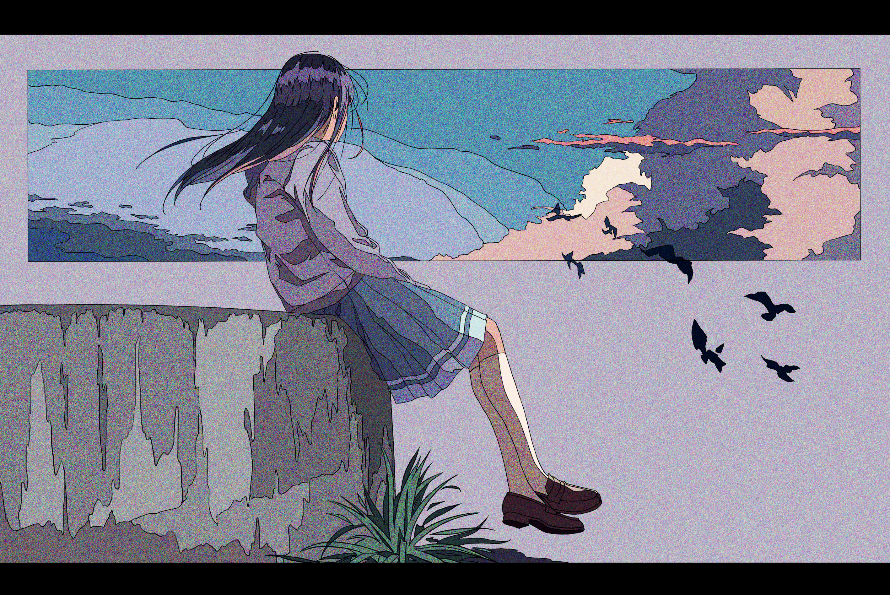 anime girls, Yoroizuka Mizore, birds, sky HD Wallpaper