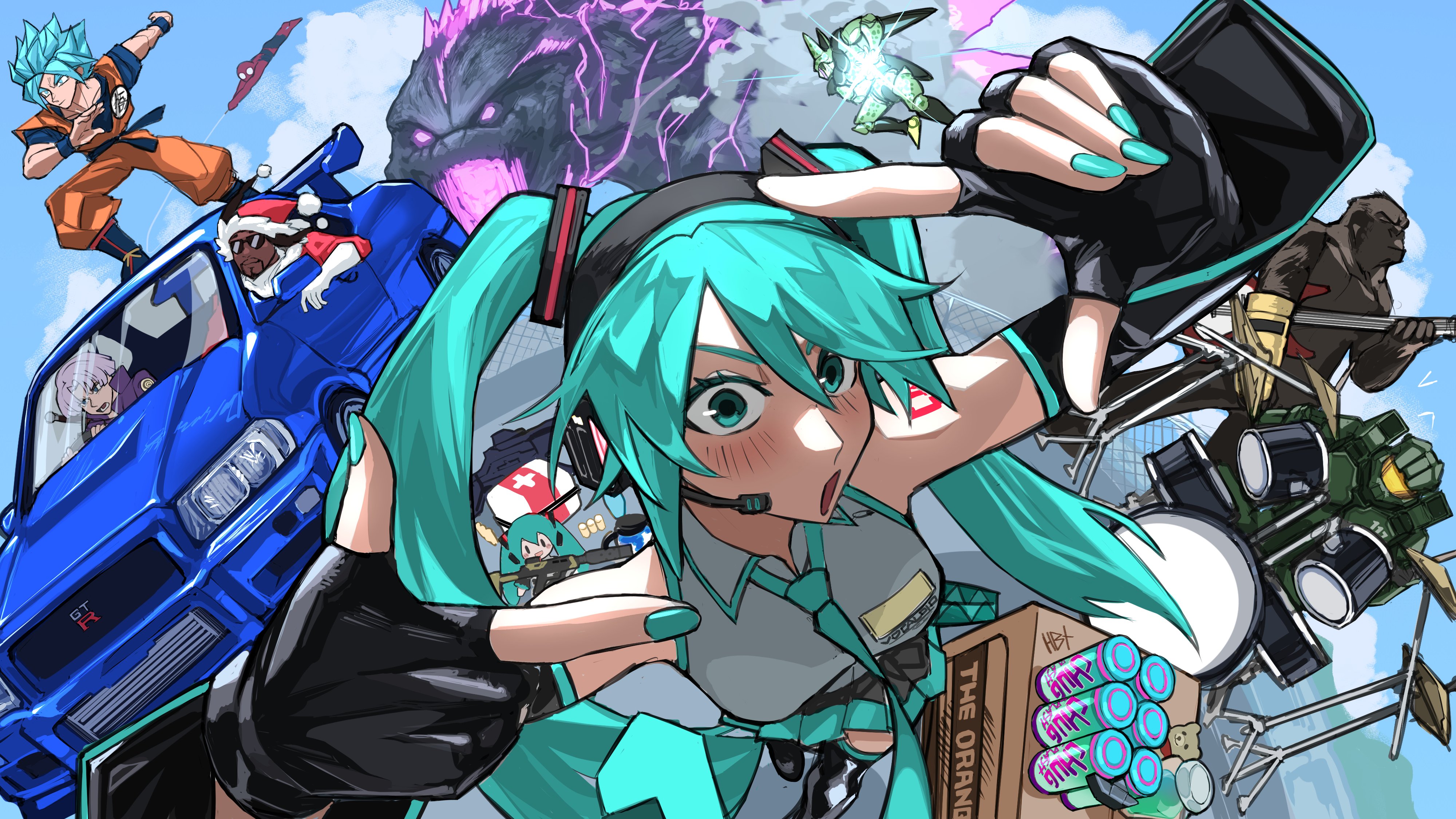 Hatsune Miku and diverse characters in a chaotic collage HD Wallpaper