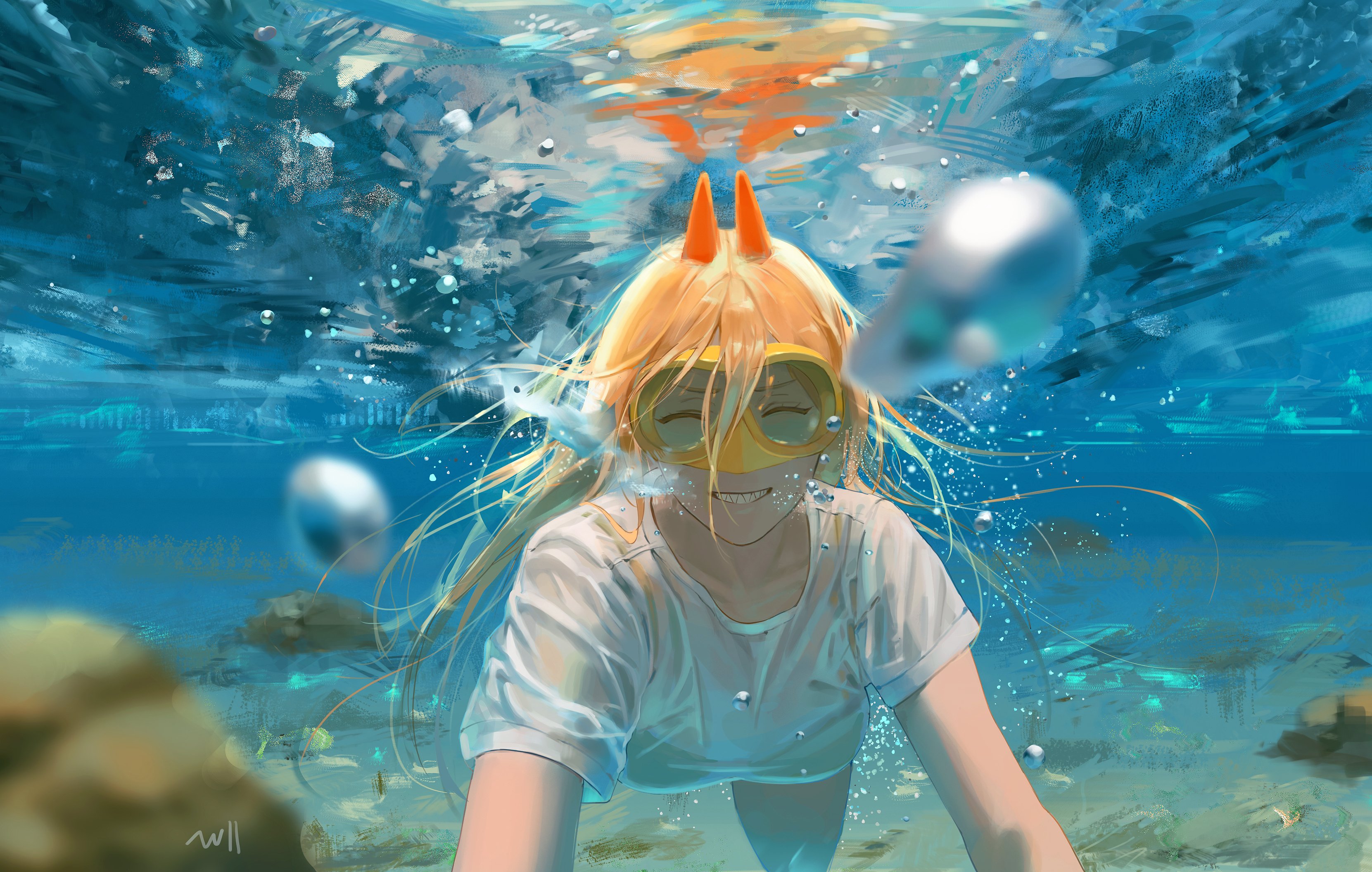 Power diving underwater with devil horns and goggles HD Wallpaper