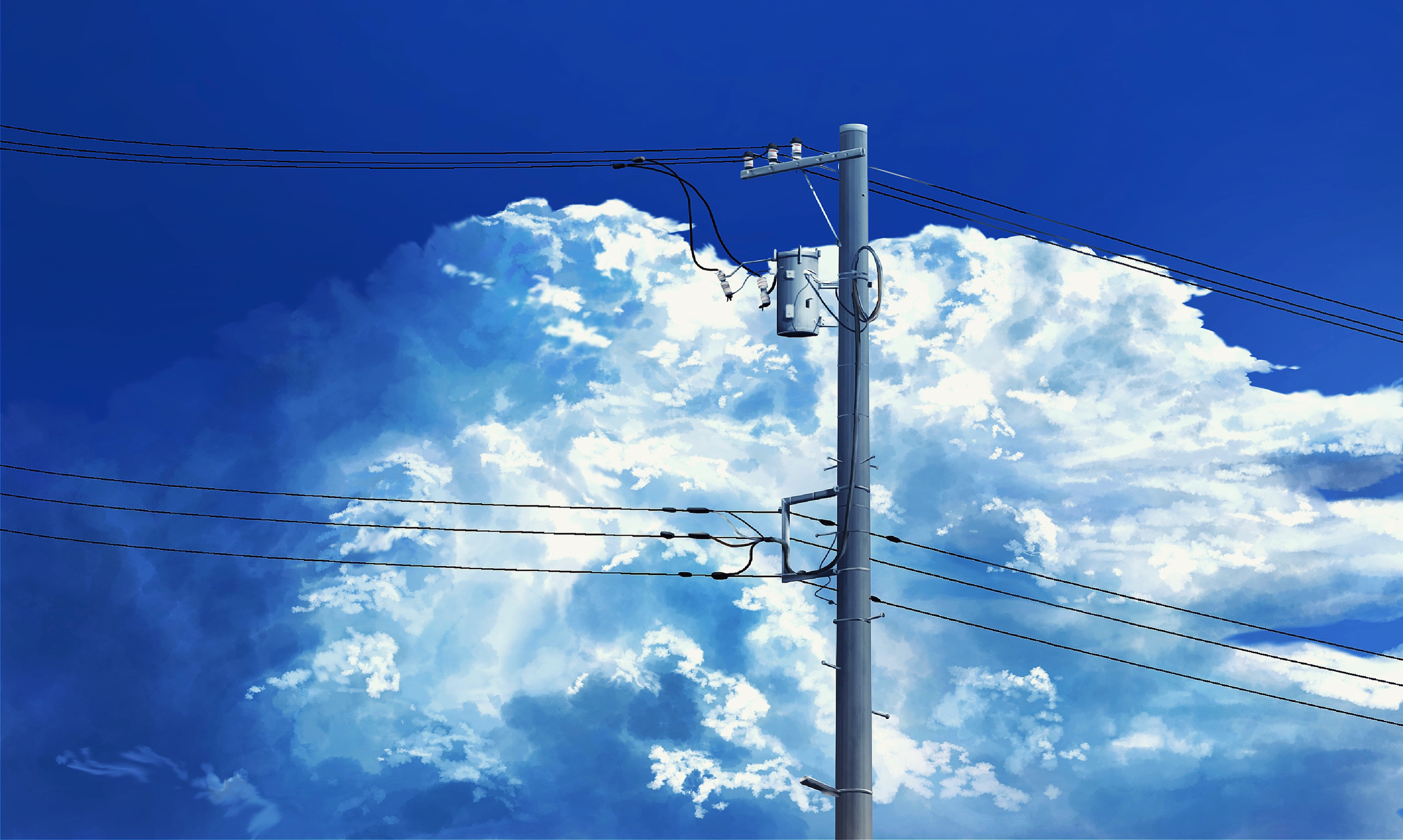 Scenery: Utility pole with power lines against clouds and sky HD Wallpaper