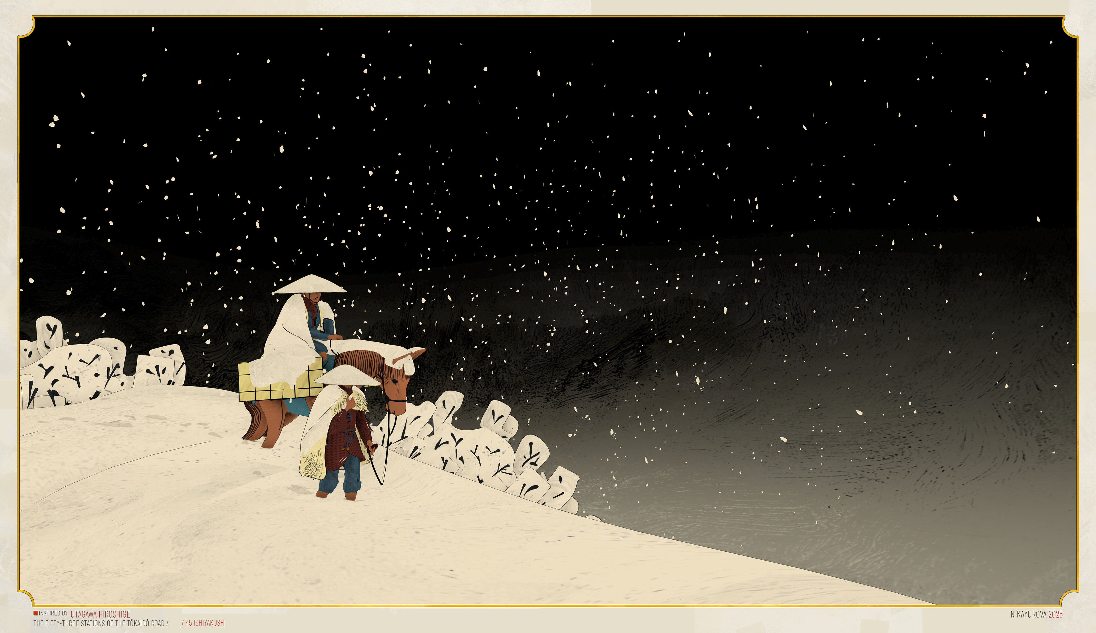 Two men on horseback in a snowy landscape under a starry night HD Wallpaper