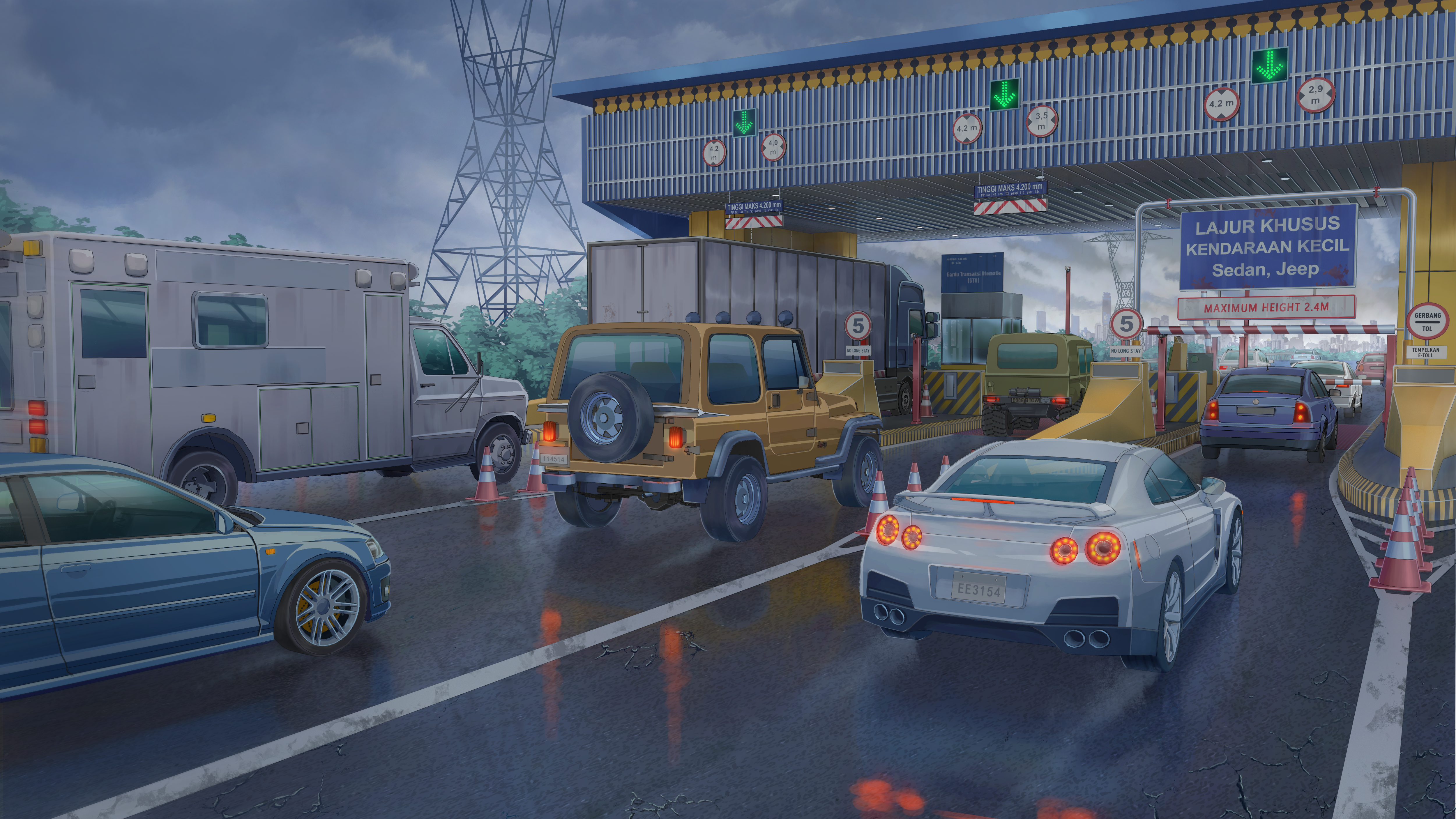 Nissan GT-R and Jeep at a Toll Booth HD Wallpaper