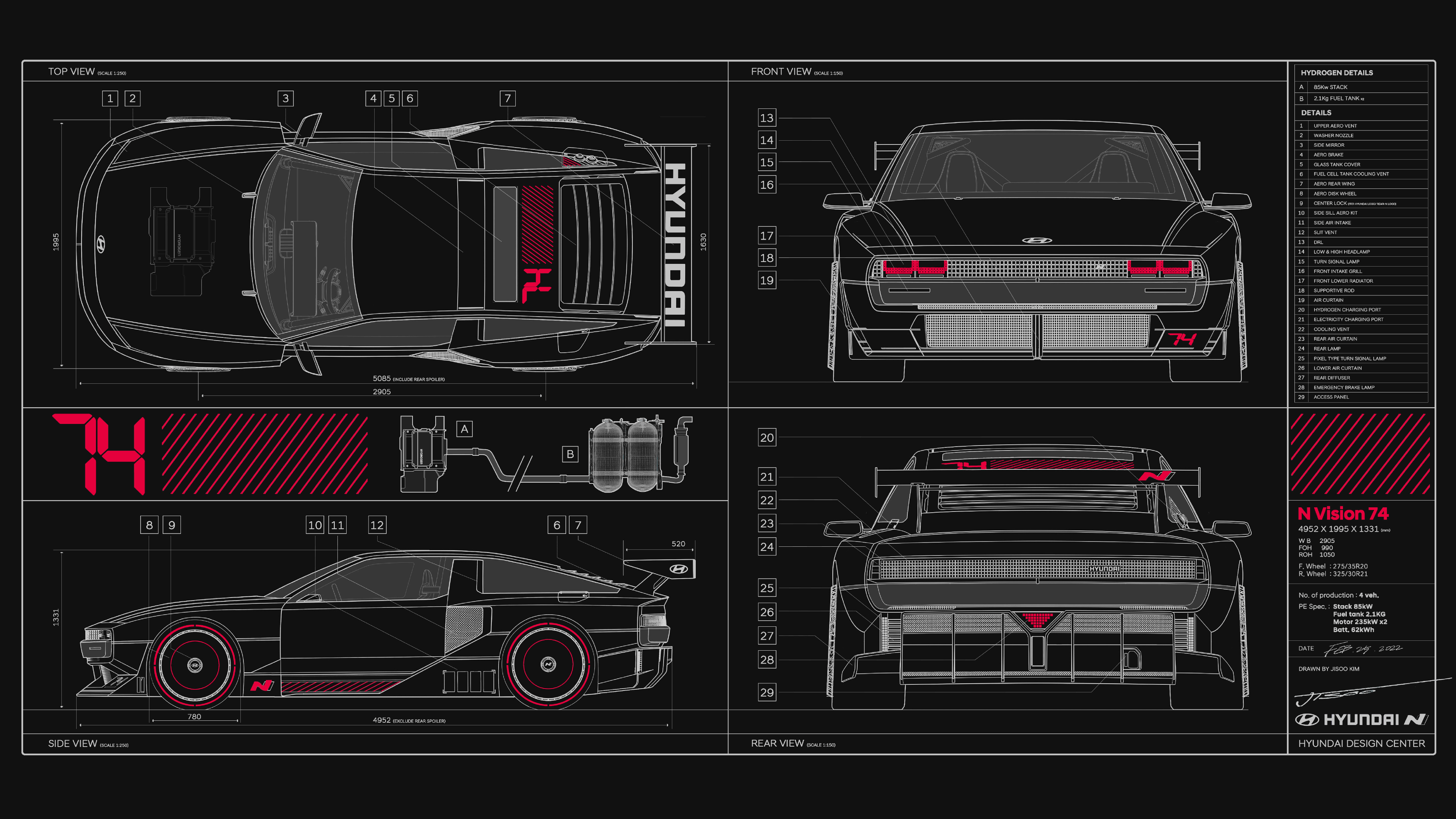 Hyundai N Vision 74 car blueprints, multiple views HD Wallpaper