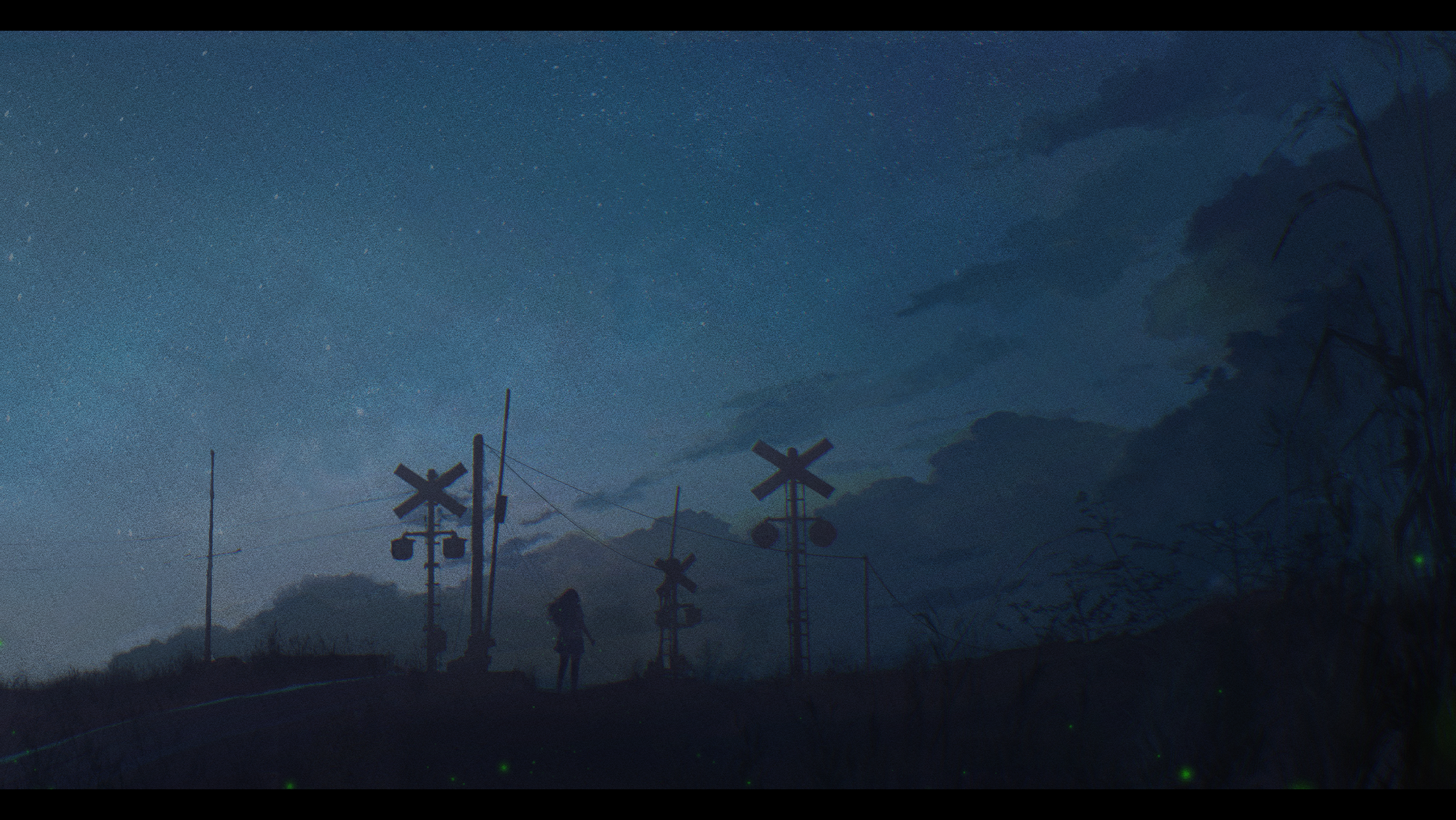 Scenery of a railroad crossing at dusk with figures HD Wallpaper
