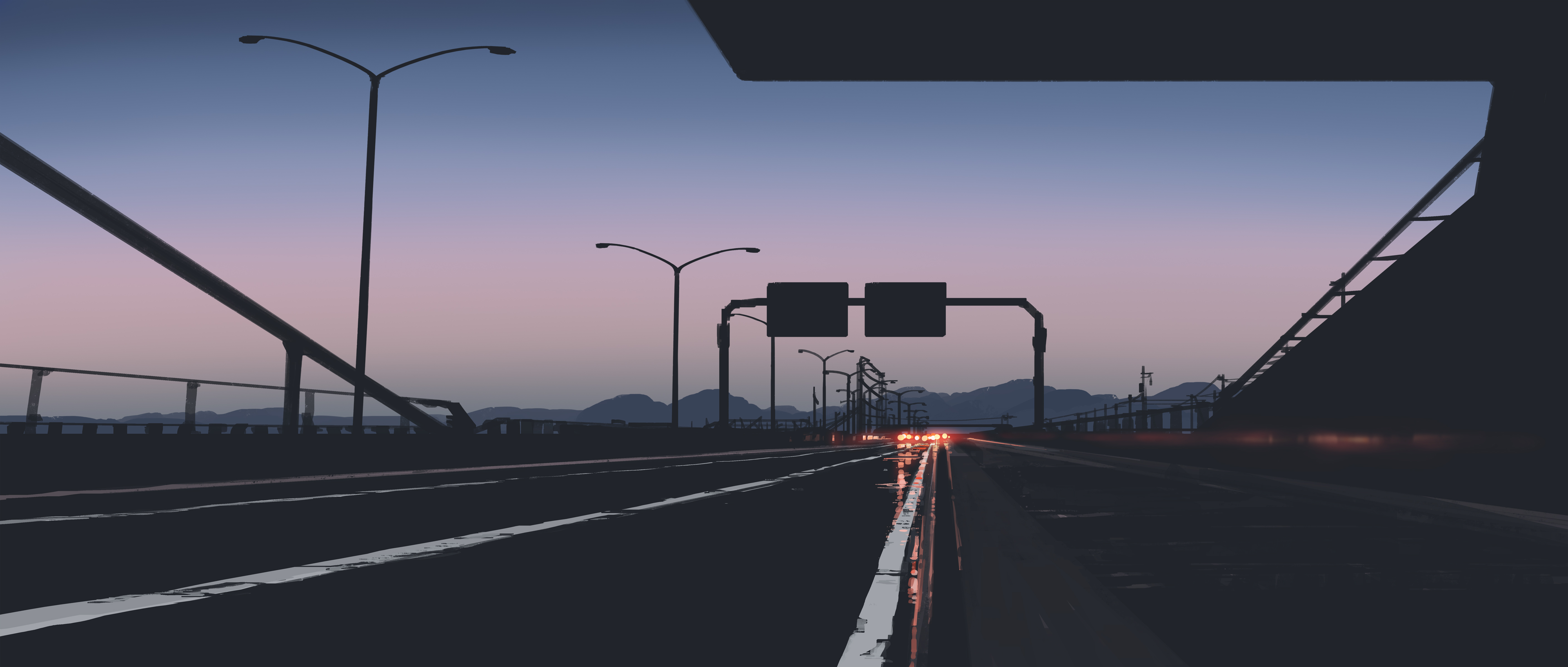 Headlights on a highway at dusk HD Wallpaper