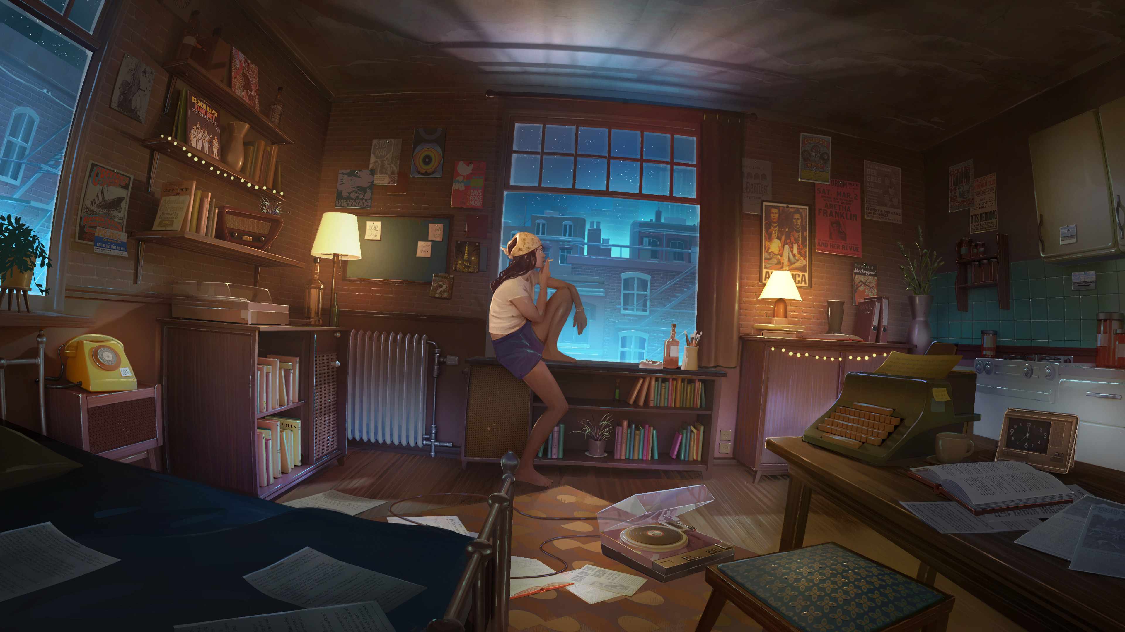 Woman sitting by the window with vinyl in a room HD Wallpaper