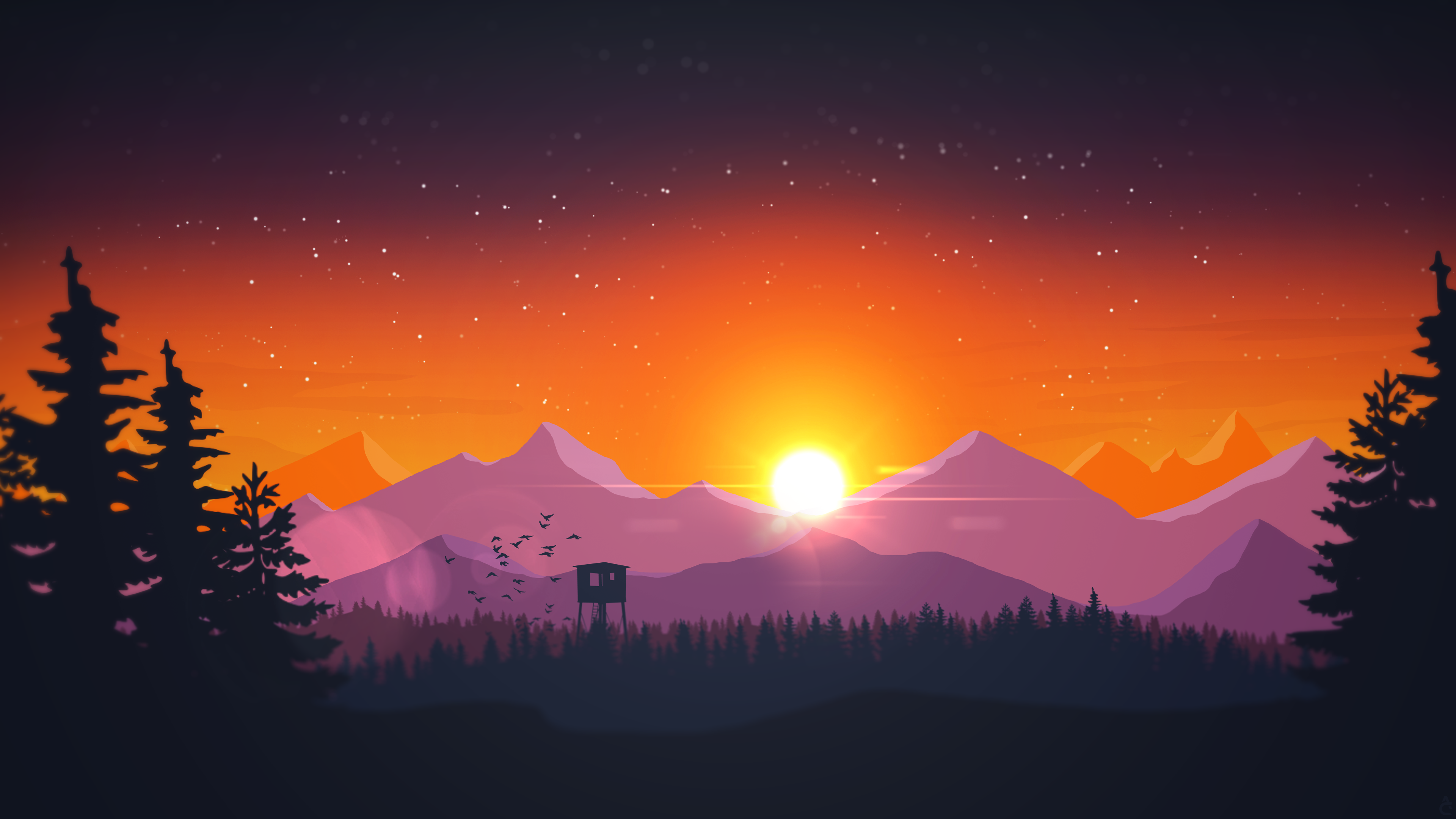 Sunset over mountains with trees and stars HD Wallpaper