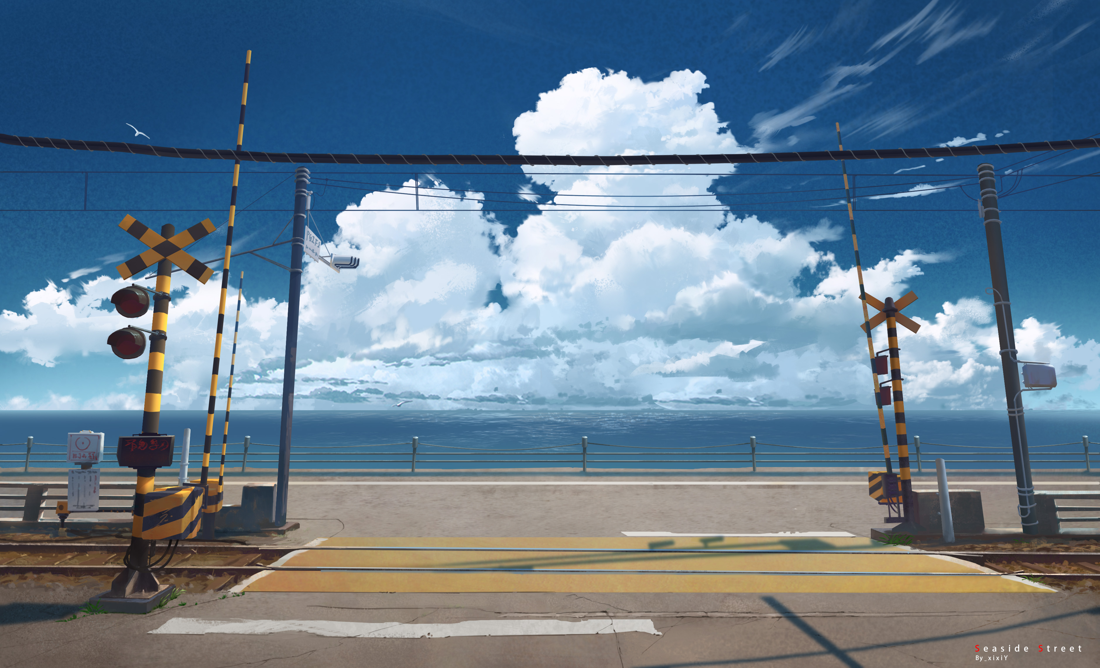Level crossing with sea and clouds HD Wallpaper