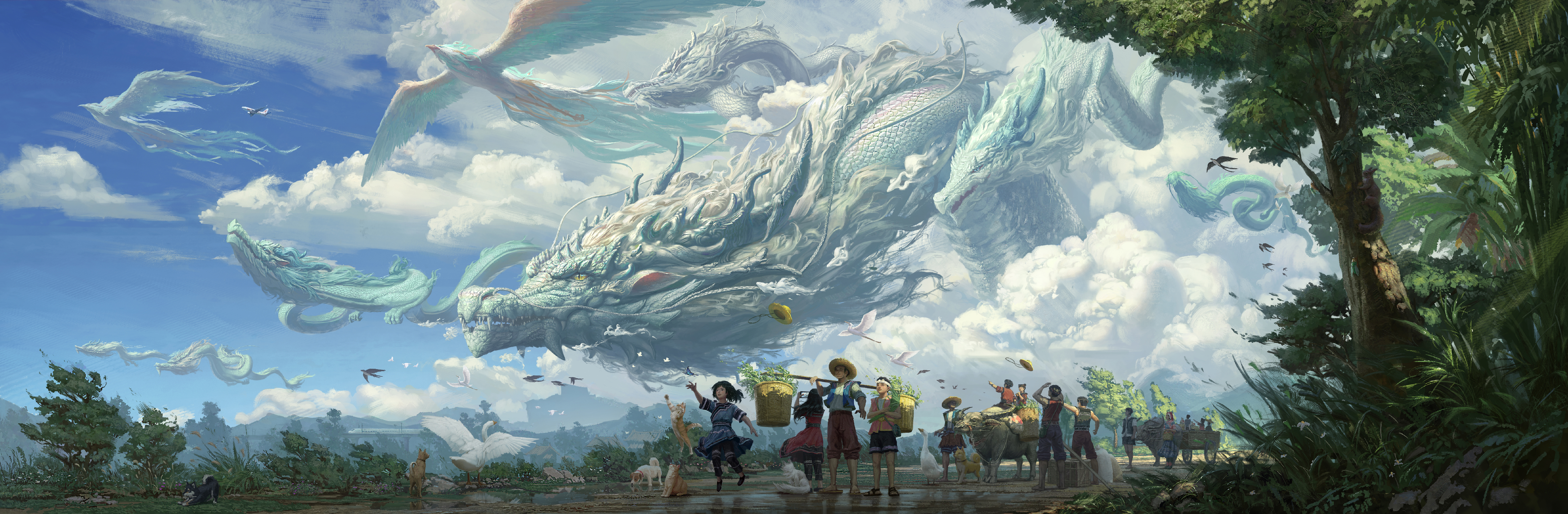 Creature and people in a fantasy landscape HD Wallpaper