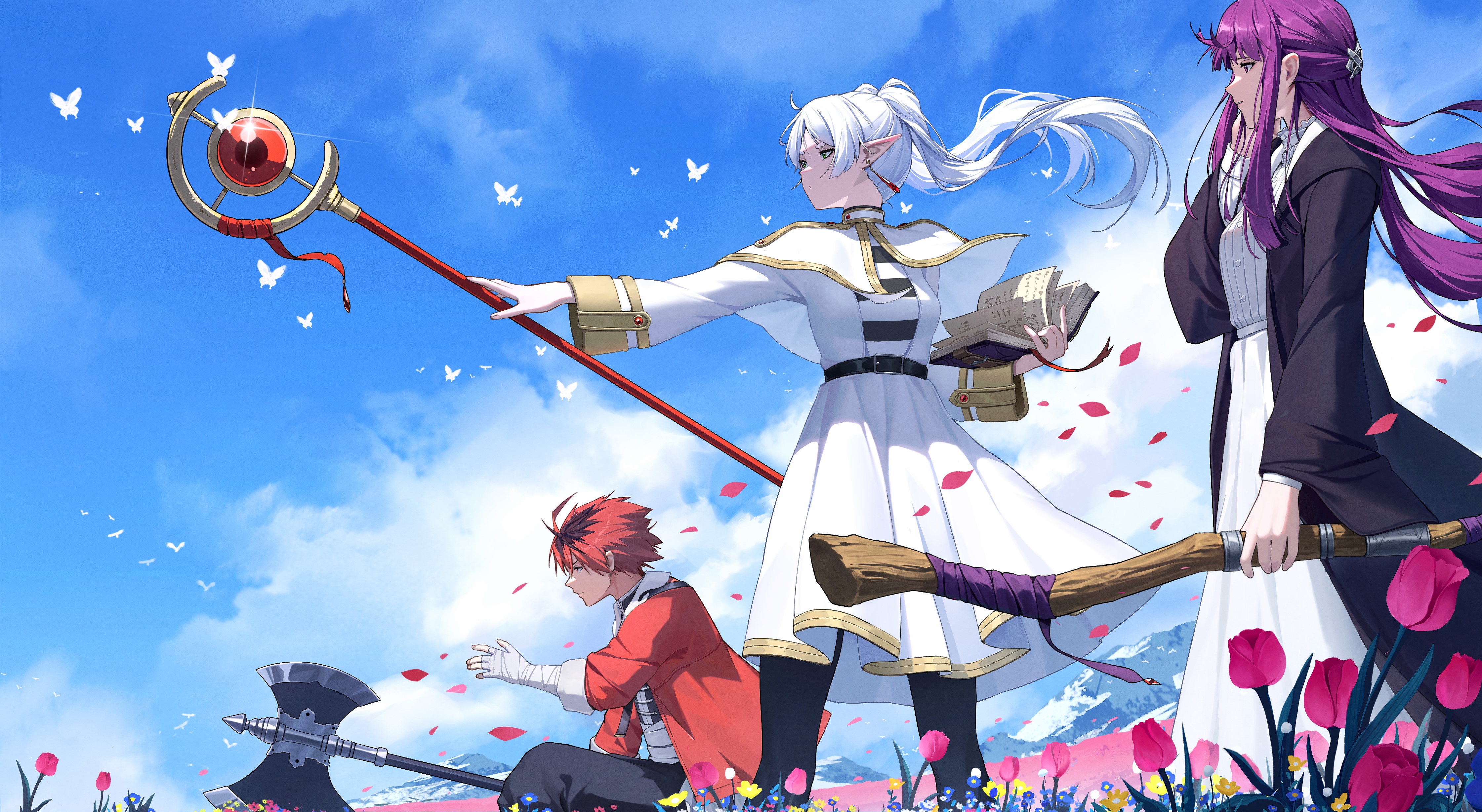 Sousou No Frieren: Frieren, Fern, and Stark in a field HD Wallpaper