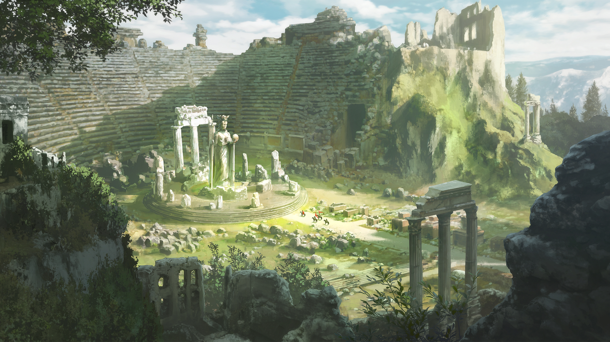Ancient ruins with amphitheater and statues HD Wallpaper