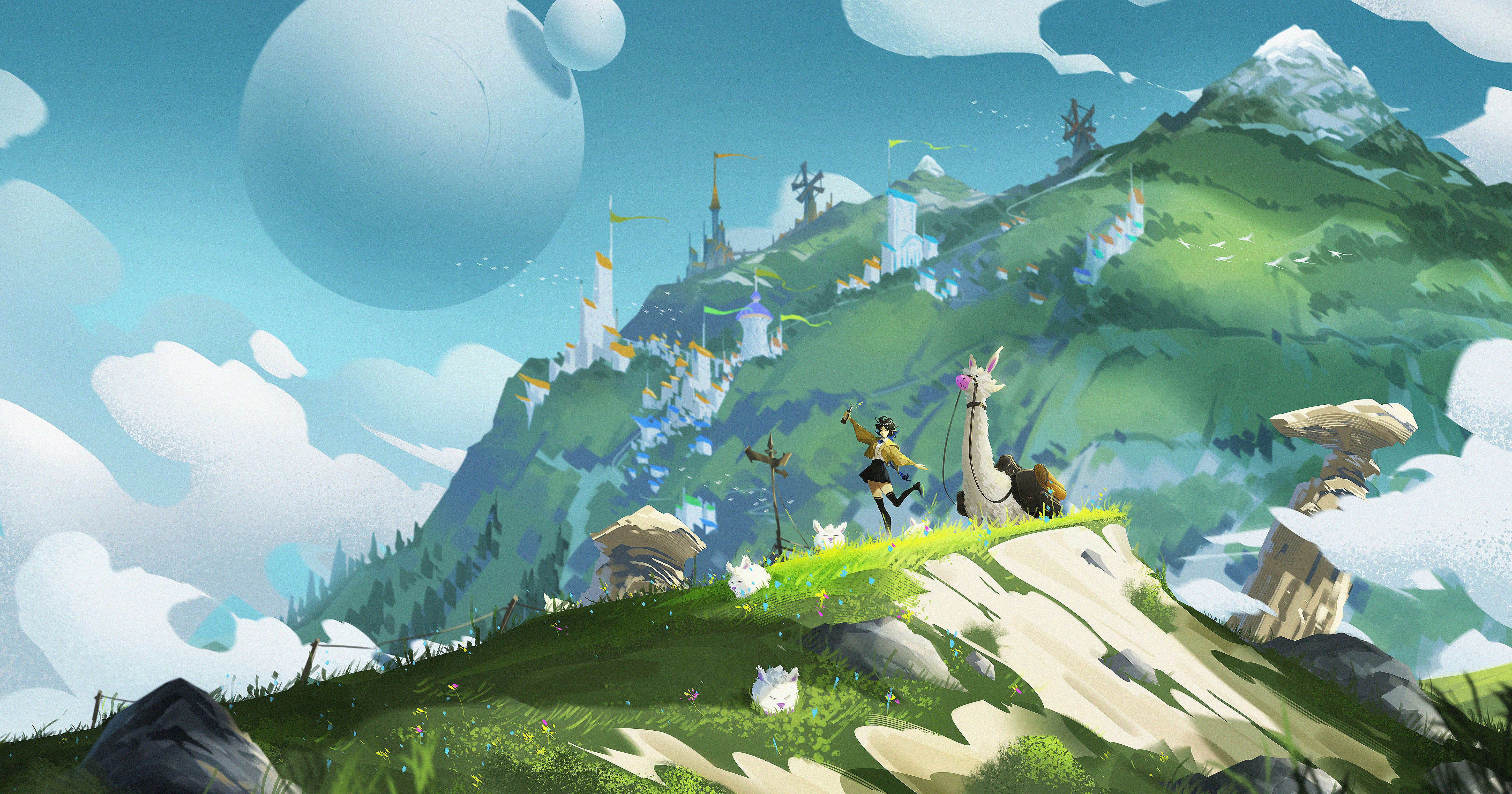 Anime girl and llama on a fantasy mountain landscape HD Wallpaper