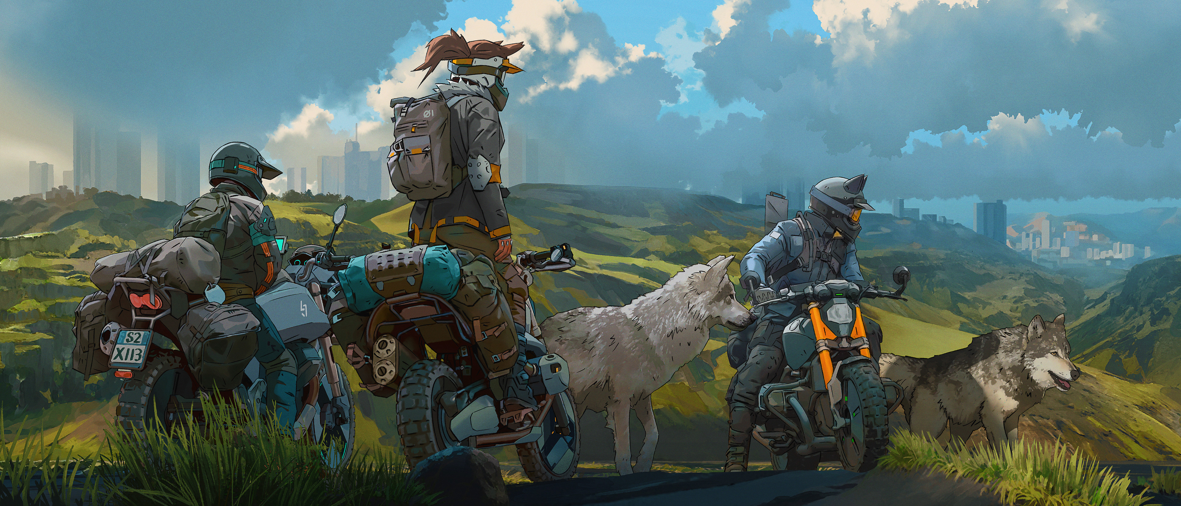 Motorcycle riders and a wolf in a post-apocalyptic landscape HD Wallpaper