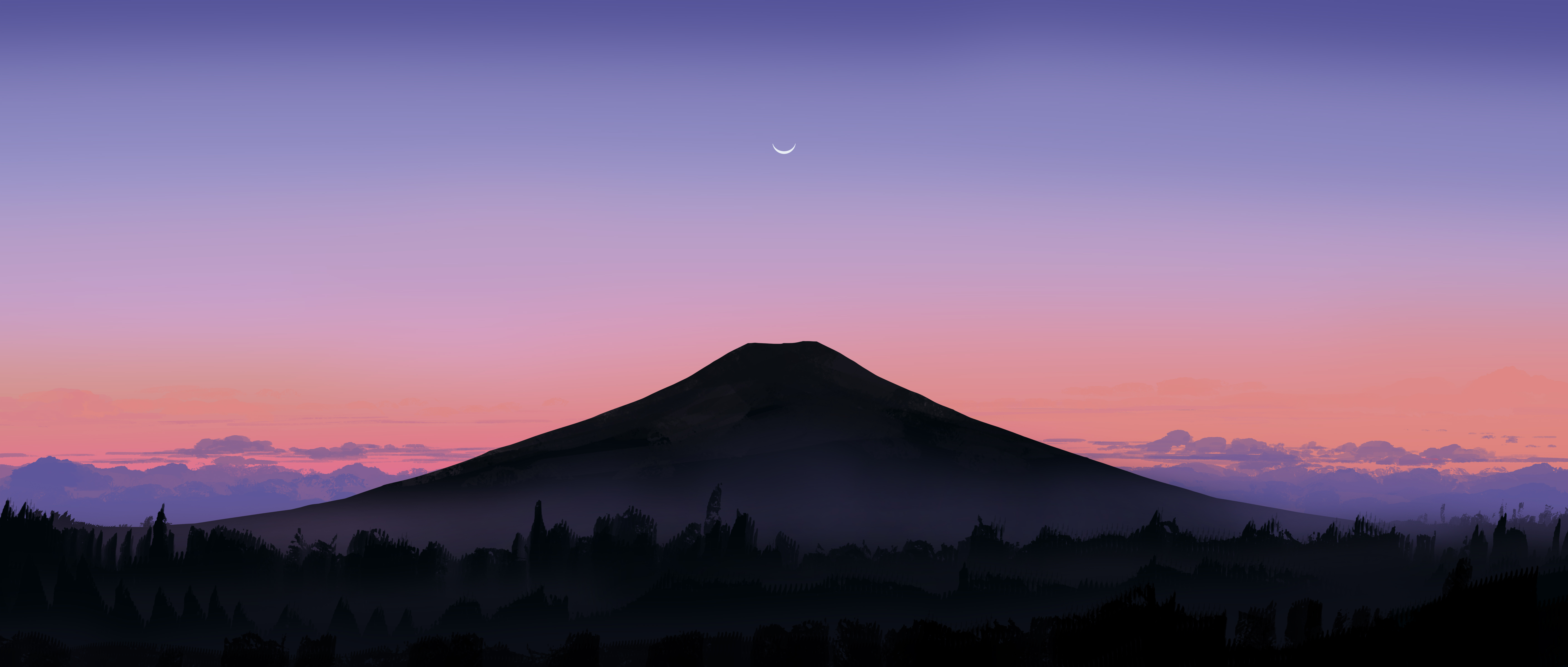 Ultrawide landscape with mountain and crescent moon HD Wallpaper