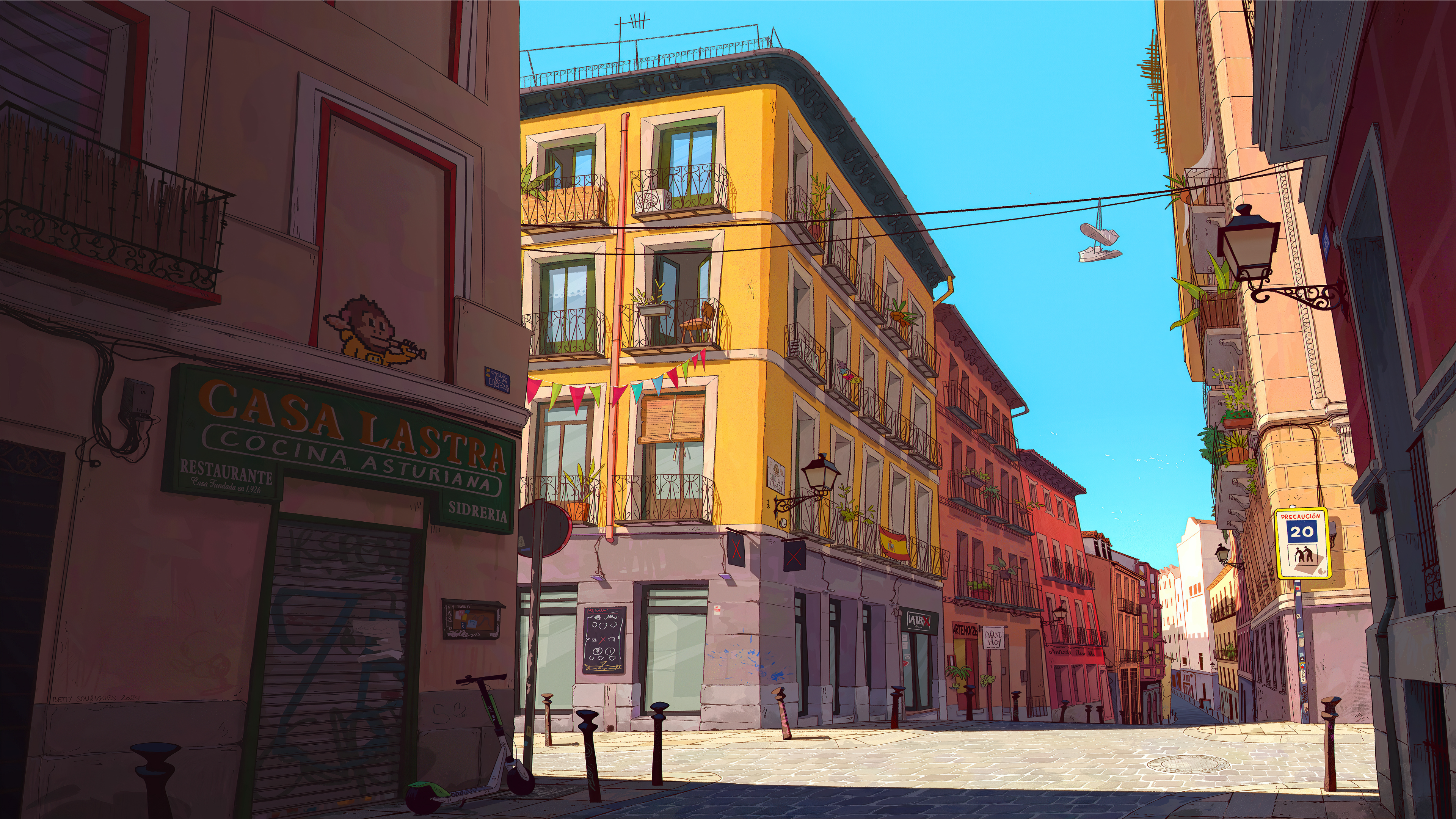 Scooters on a sunny street in a Spanish neighborhood HD Wallpaper