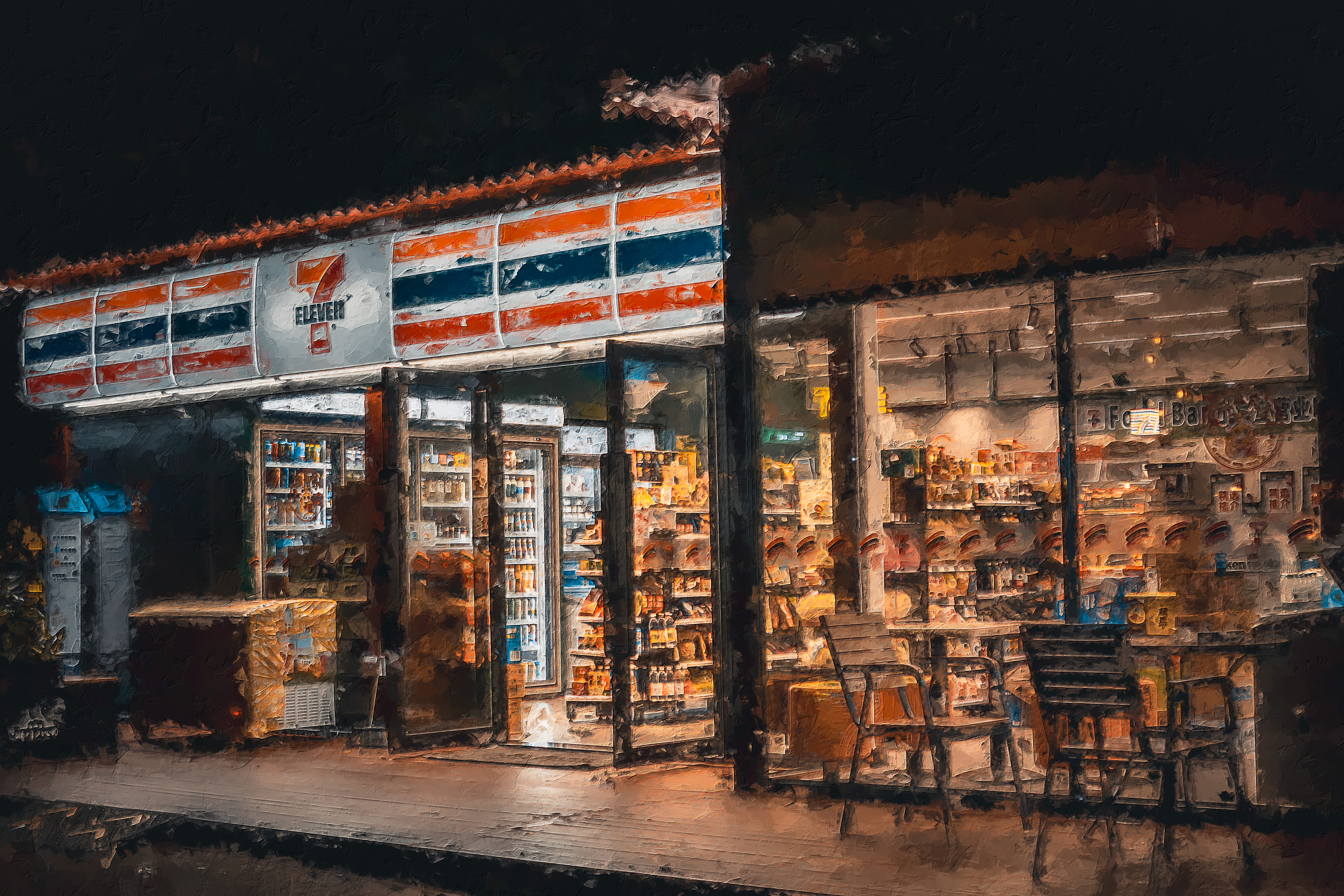 7-Eleven store at night with warm lighting HD Wallpaper