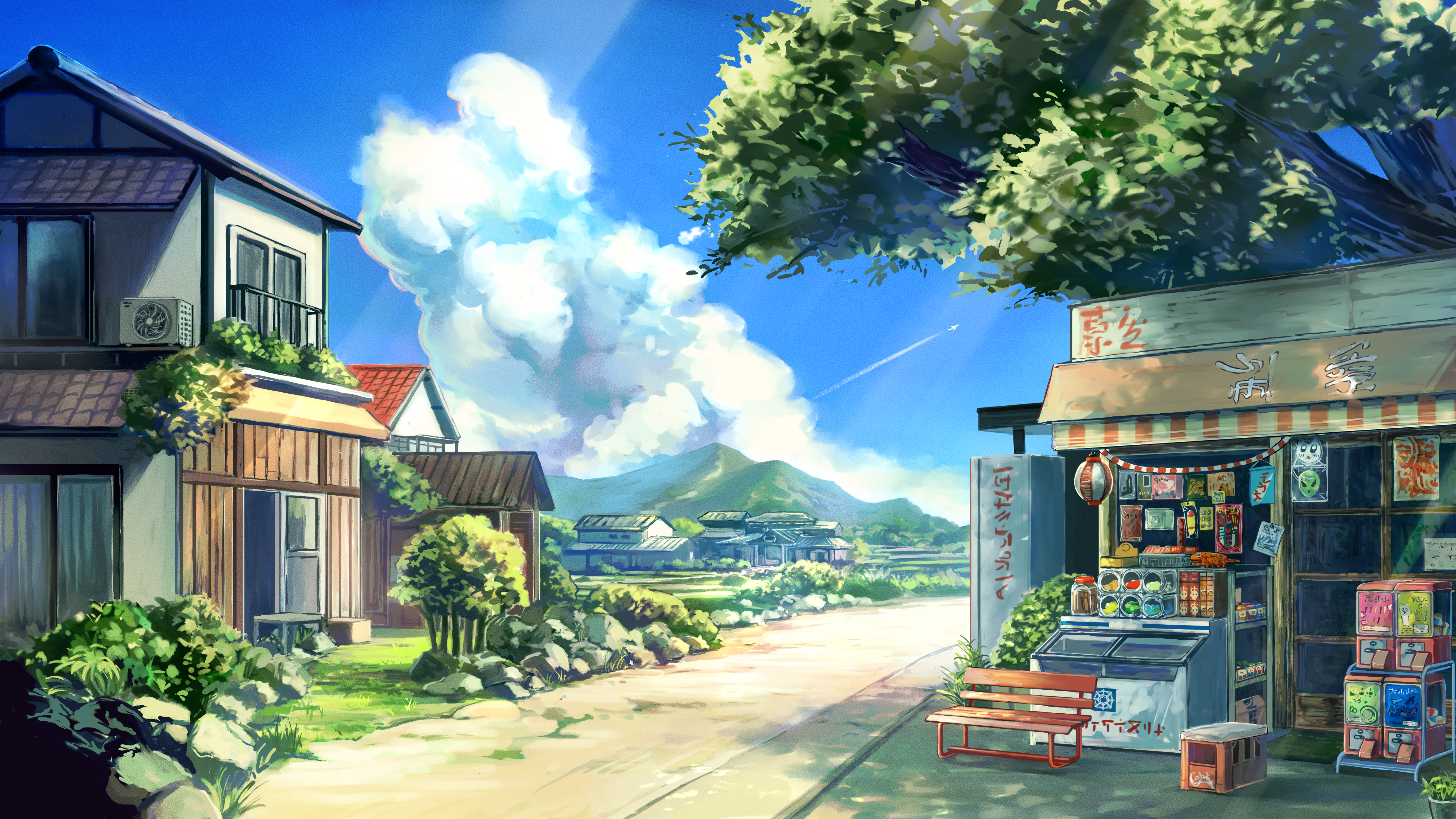 Japanese Village Street with Store and Mountains HD Wallpaper