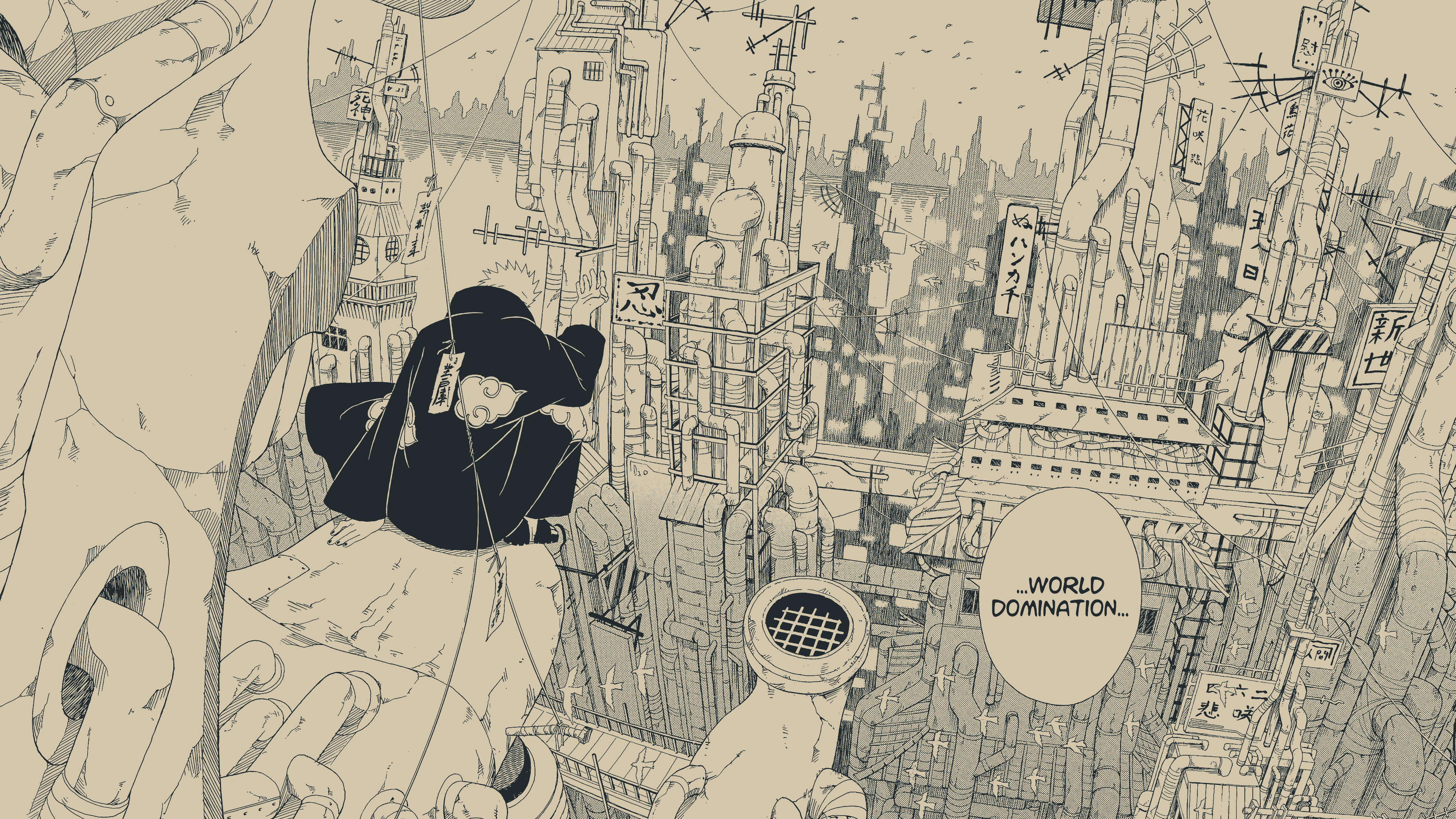 Pein contemplates world domination in a futuristic city HD Wallpaper