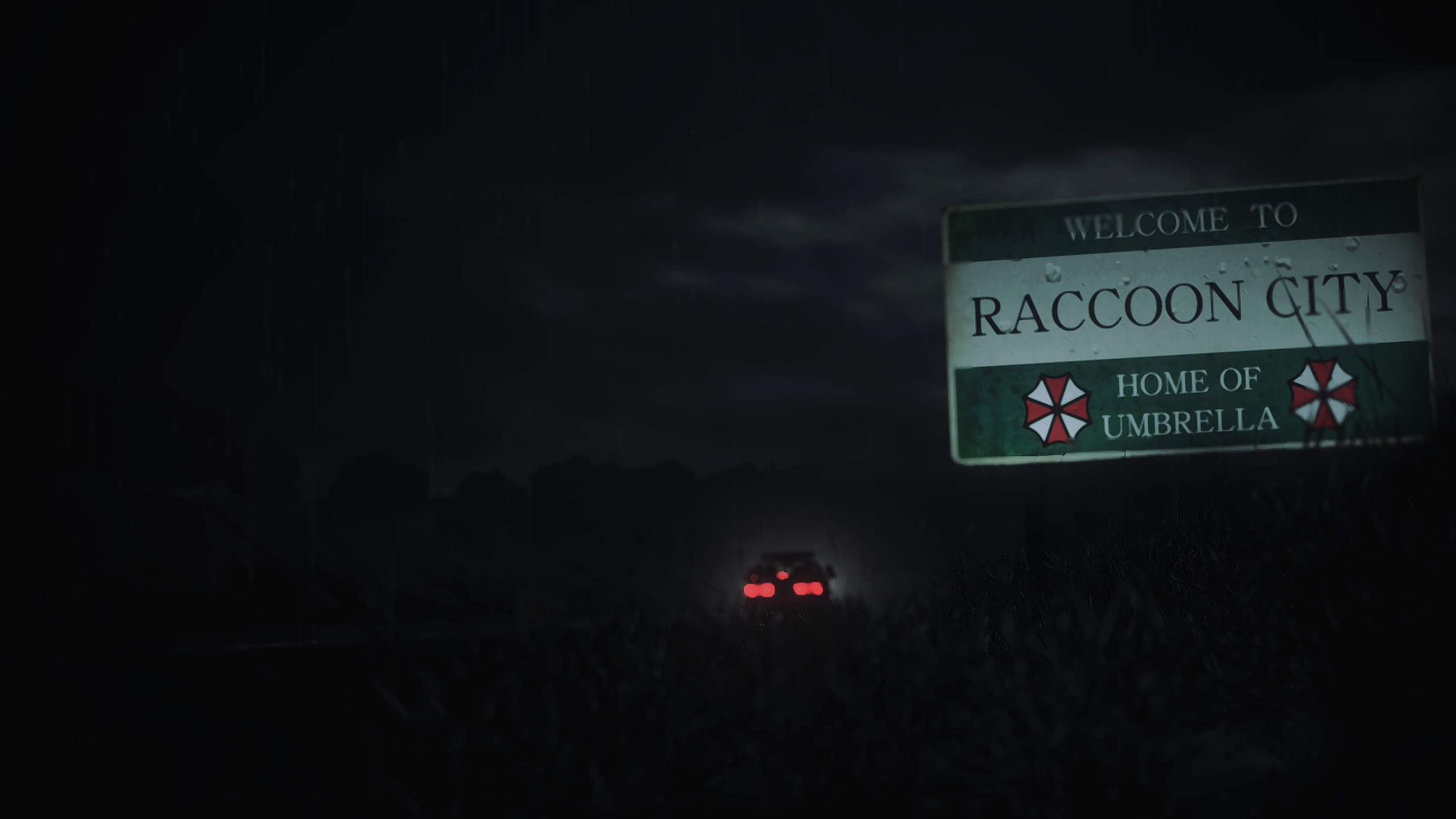 Resident Evil 2 Remake: Welcome to Raccoon City sign at night HD Wallpaper