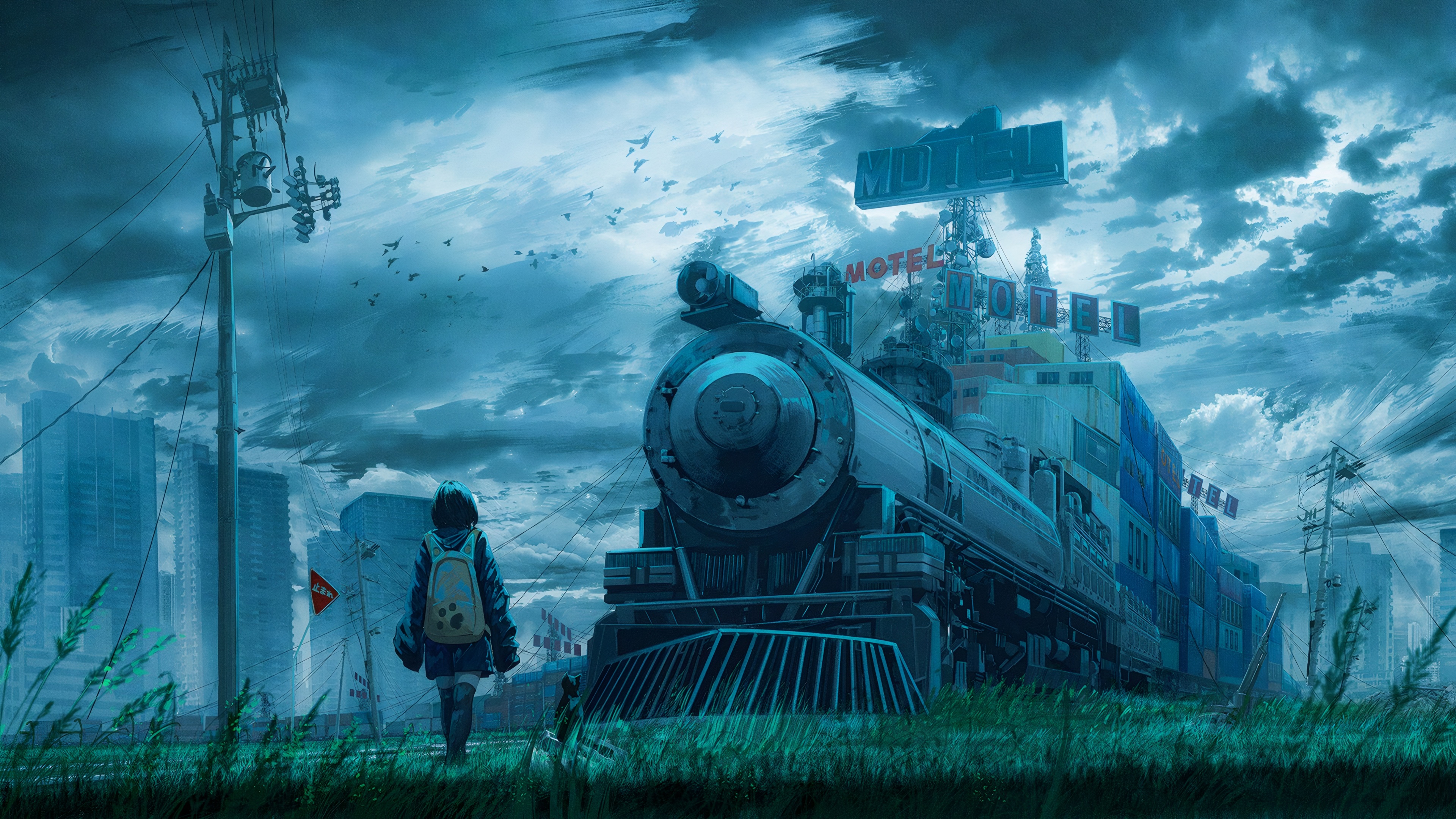 Girl approaches a motel built on a train HD Wallpaper