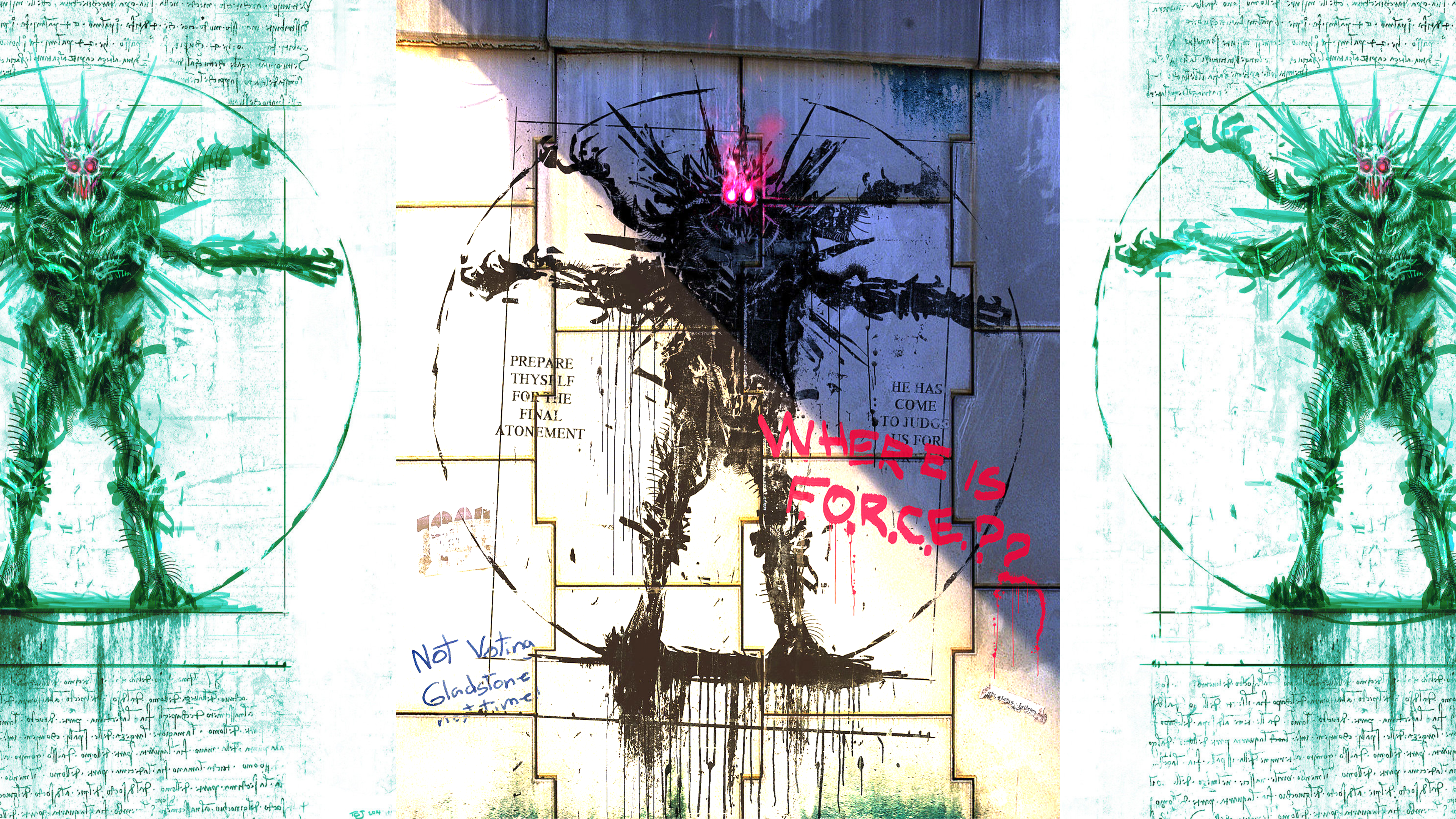 Shrike street art collage with Vitruvian Man HD Wallpaper