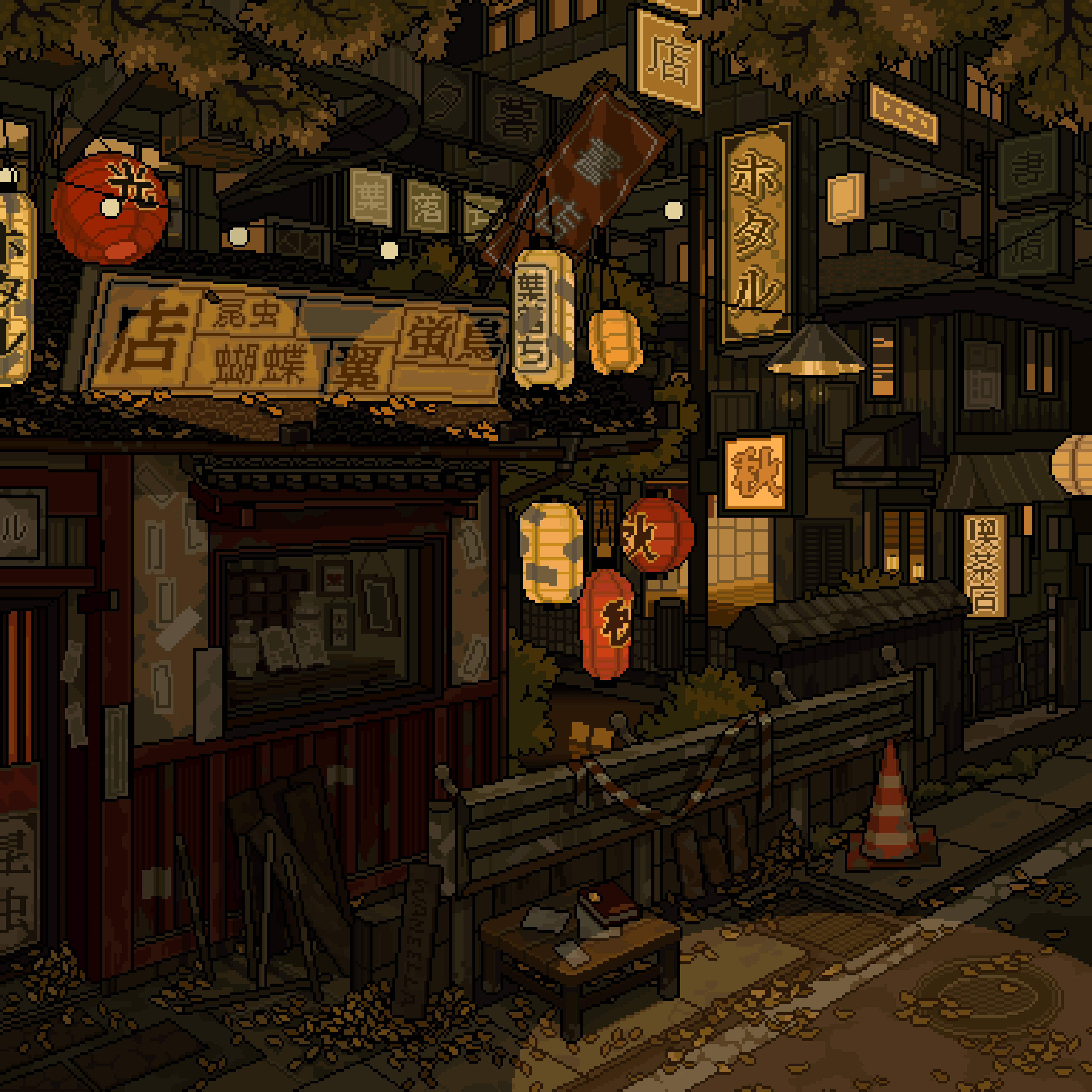 Pixel art Japanese town at night with lanterns HD Wallpaper
