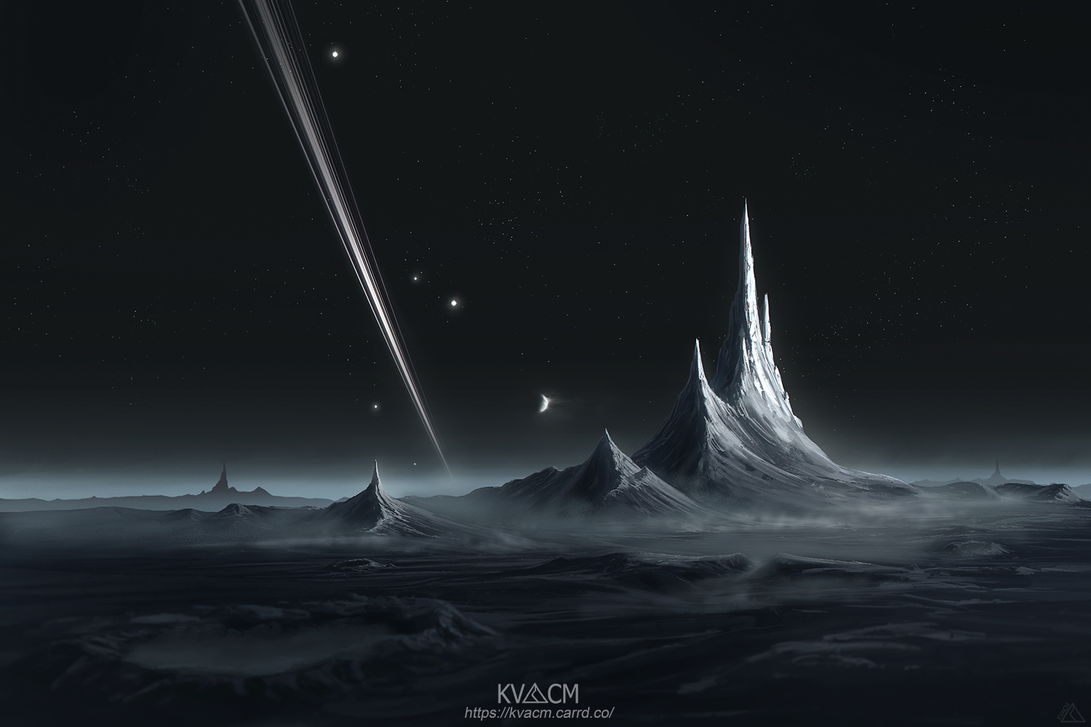 Alien planet landscape with rings and spires HD Wallpaper