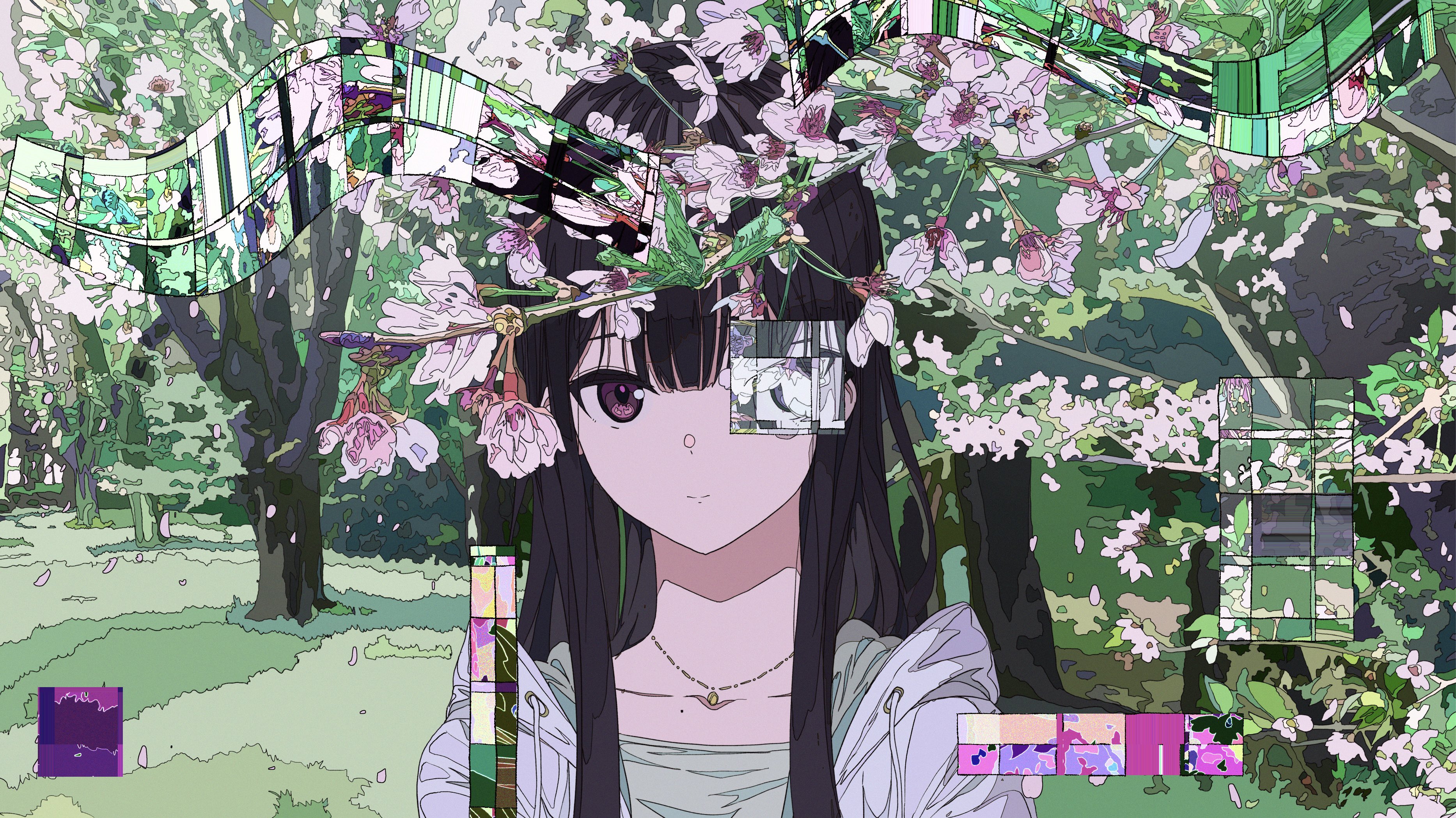 Anime girl with glitched eye and cherry blossoms HD Wallpaper