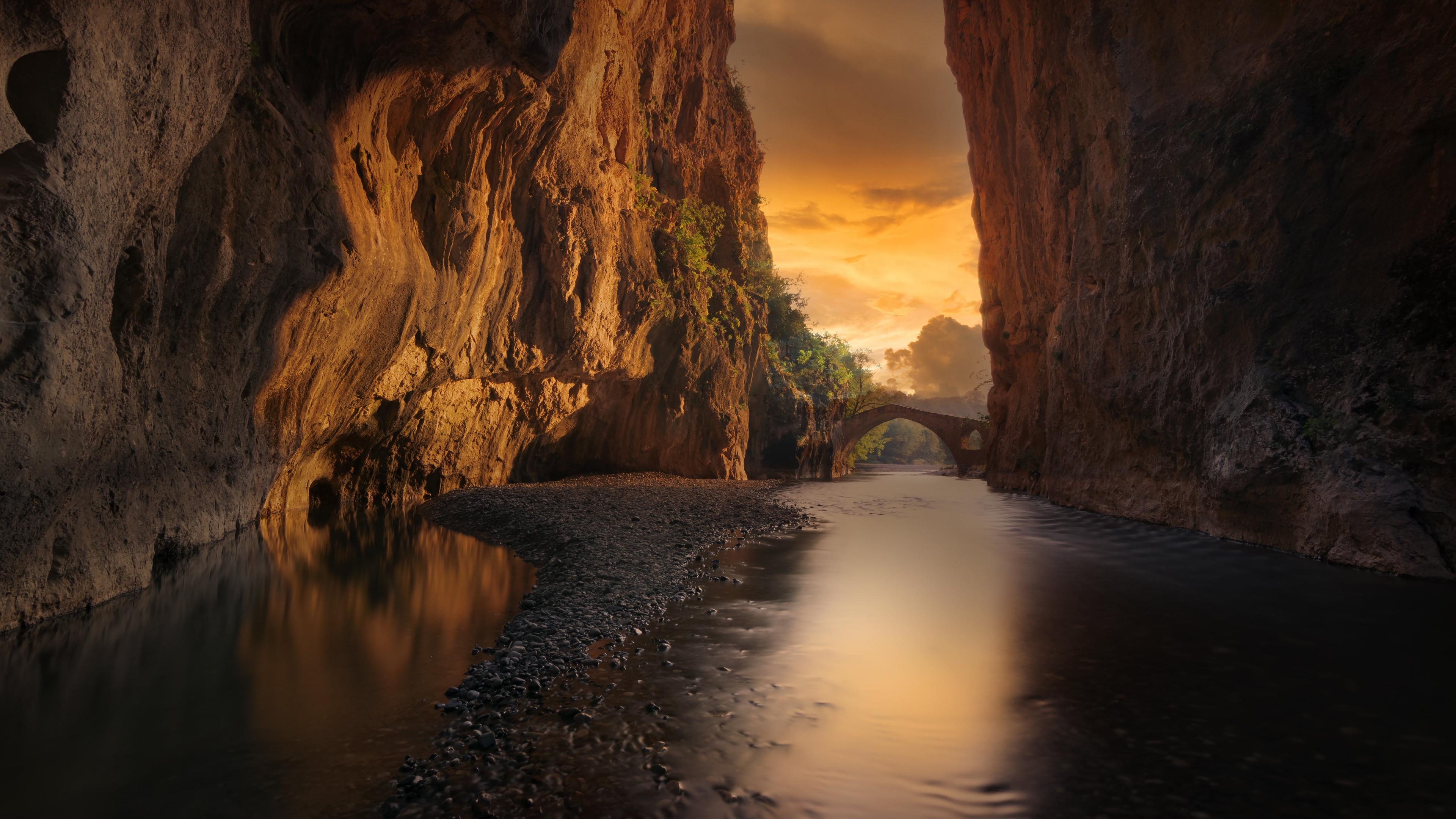 Stone bridge over river at sunset in Grevena, Greece HD Wallpaper