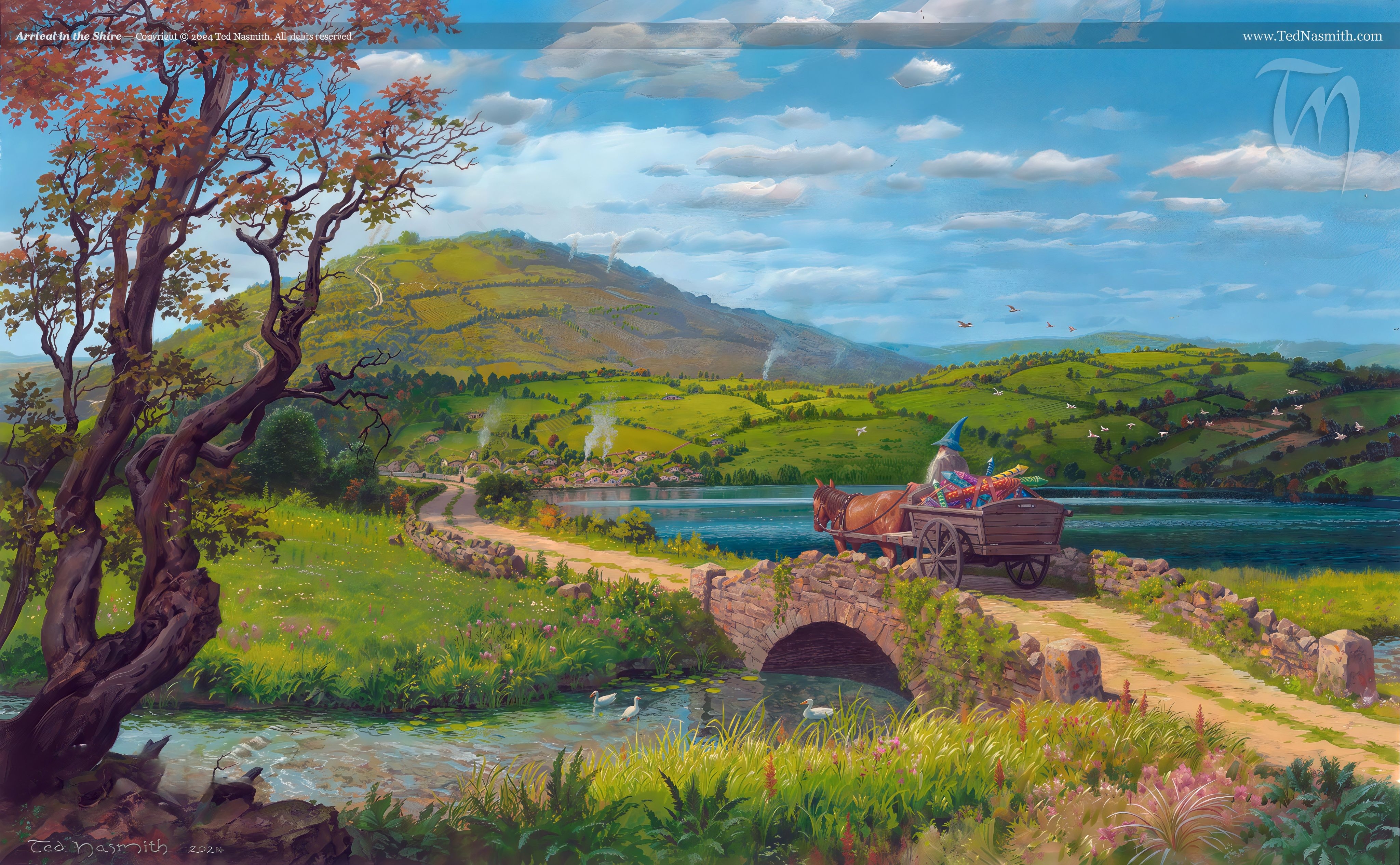 Gandalf on a cart crossing a bridge in The Shire HD Wallpaper