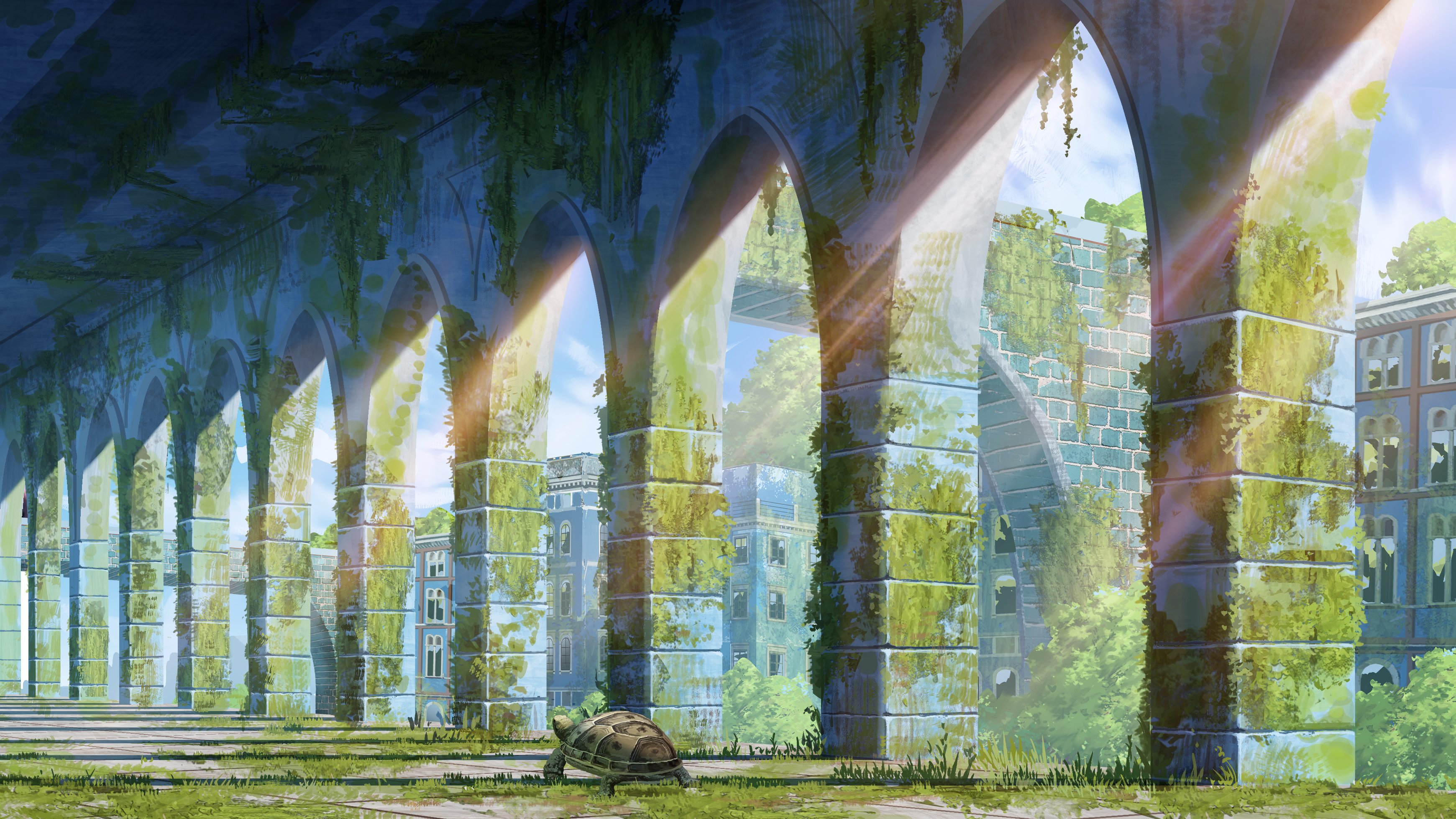 Turtle walks through overgrown abandoned stone ruins with sun rays HD Wallpaper