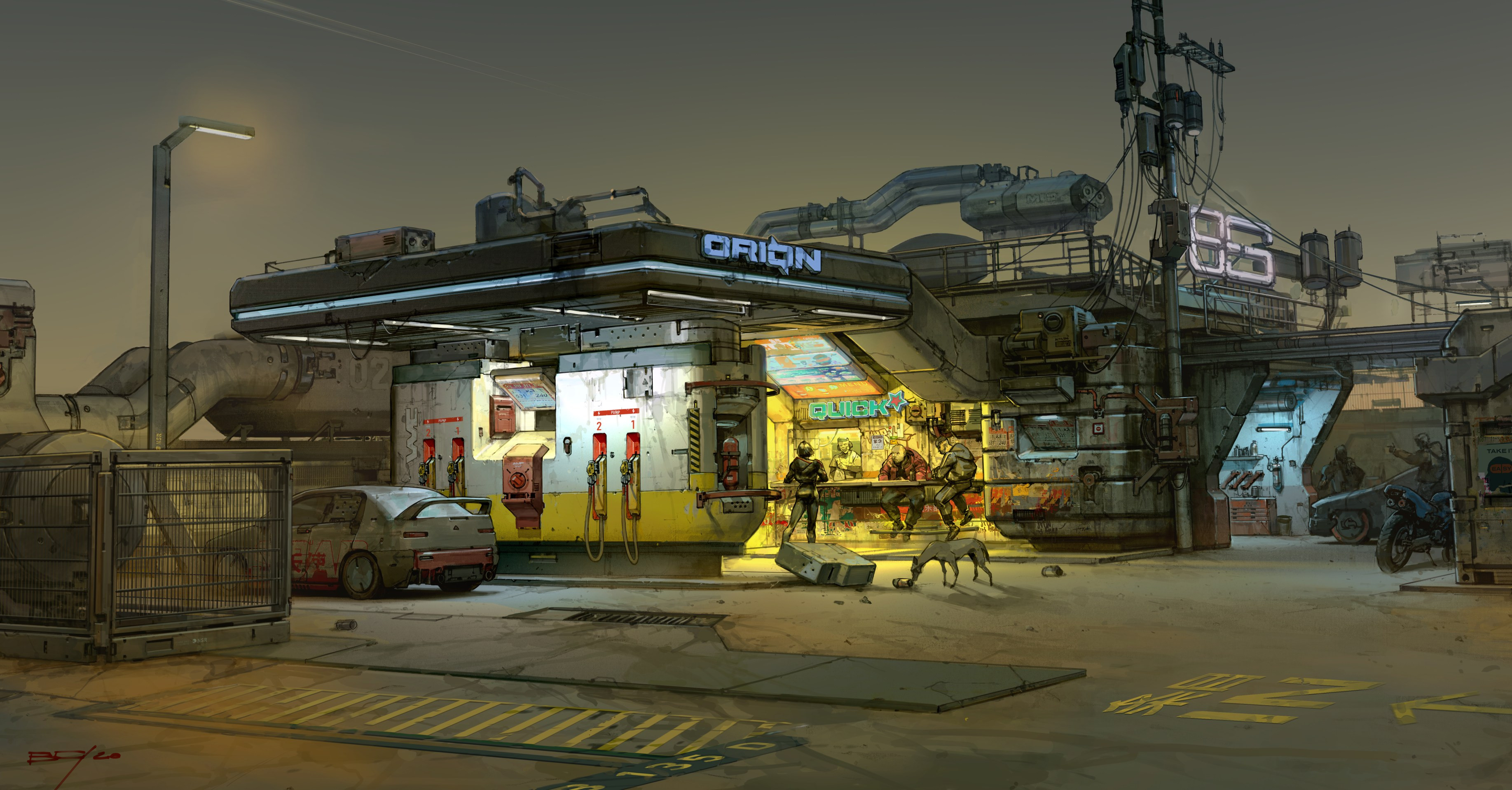 Cyberpunk gas station with a car and neon sign HD Wallpaper