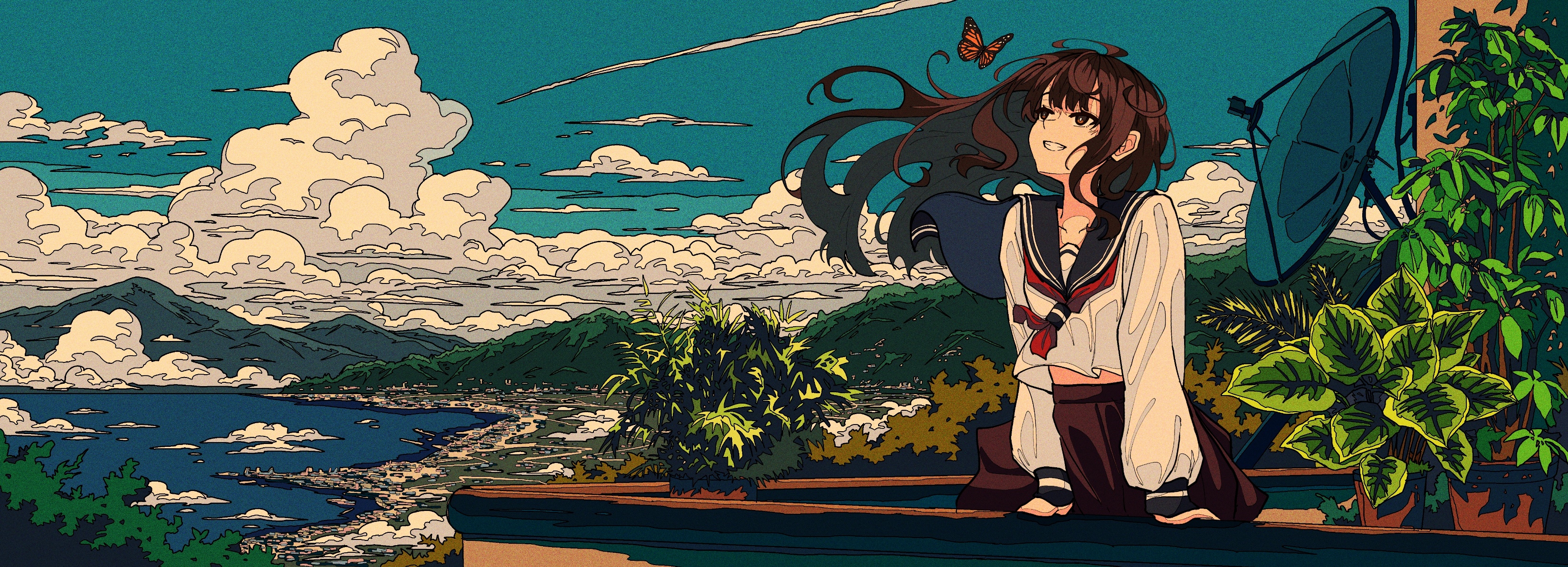 Anime girl in school uniform with butterfly HD Wallpaper