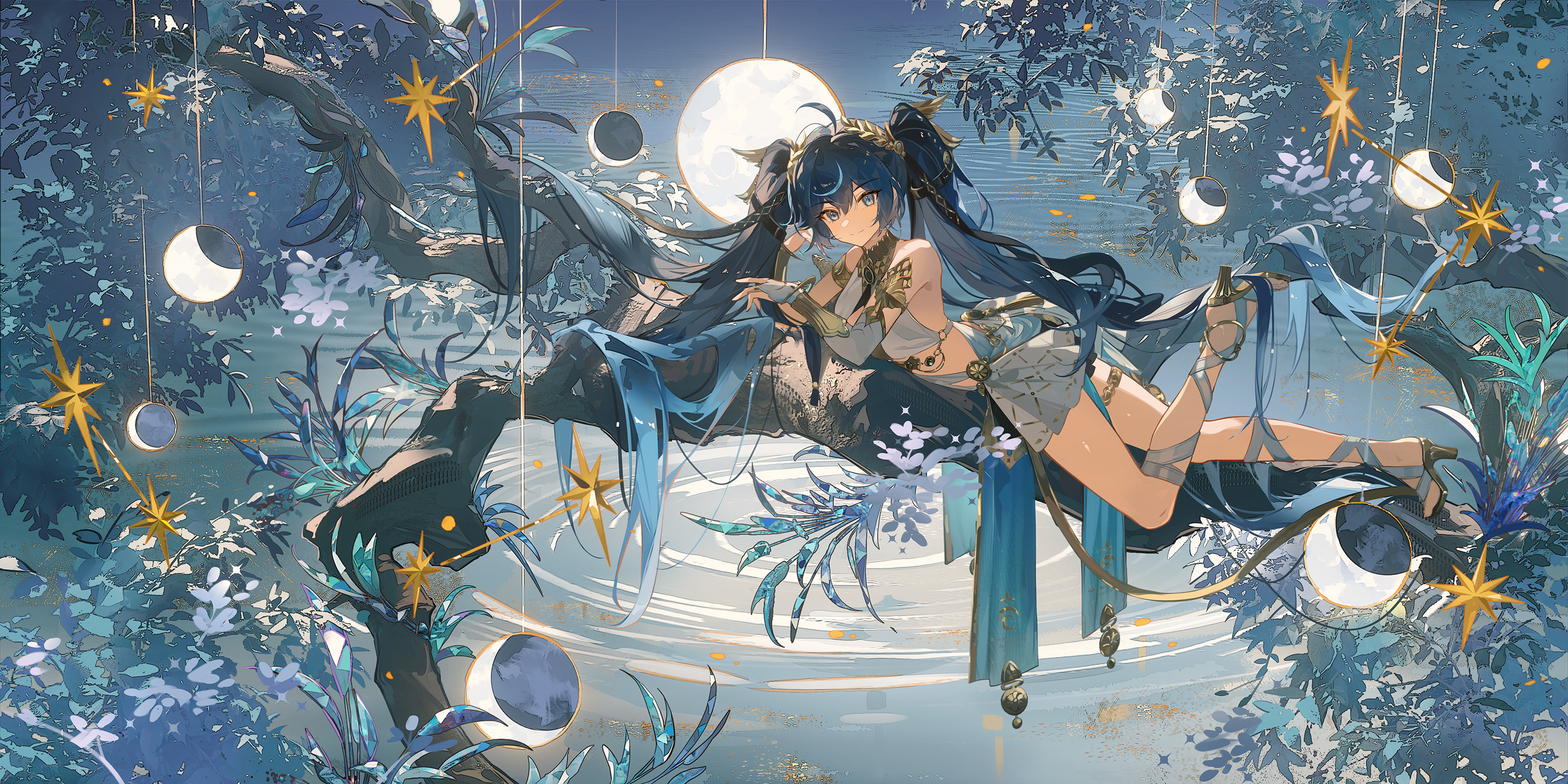 Iuno from Wuthering Waves on a moonlit branch HD Wallpaper