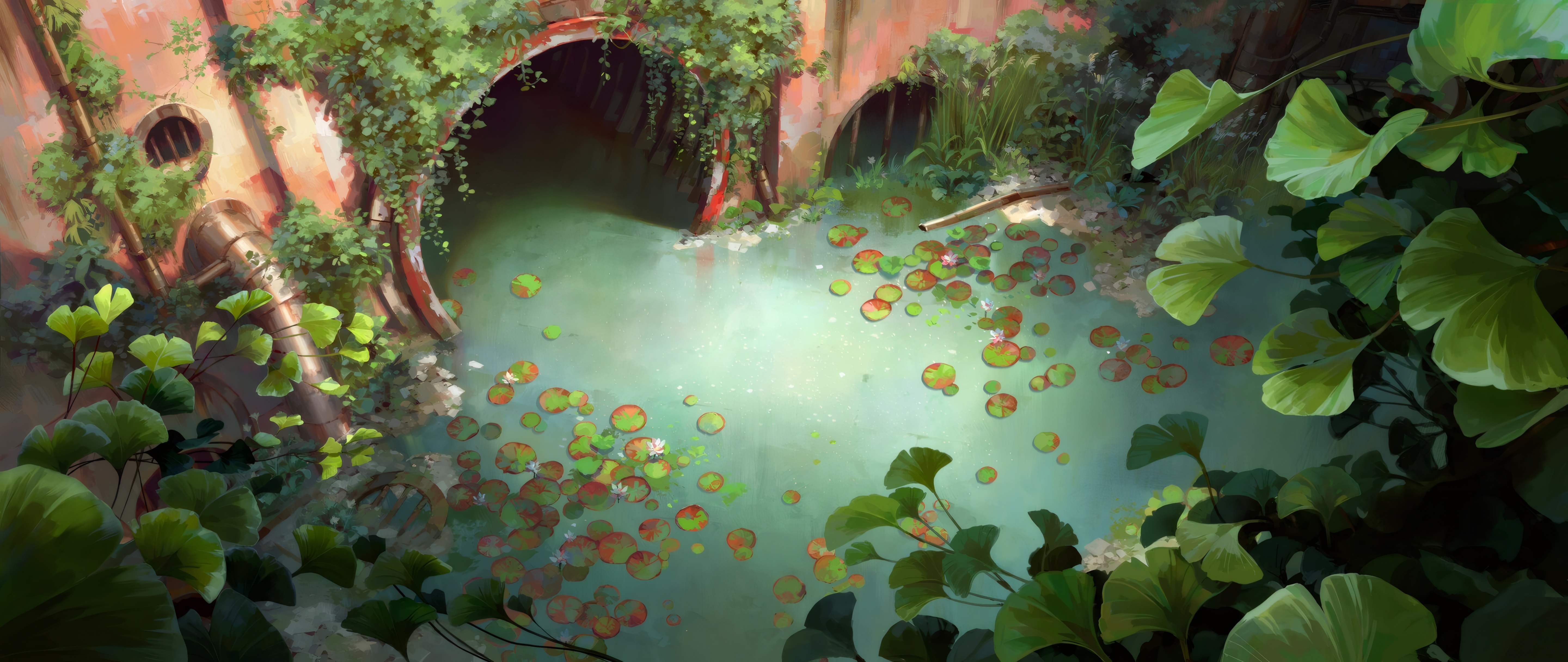 Arcane canal with water lilies and overgrown foliage HD Wallpaper