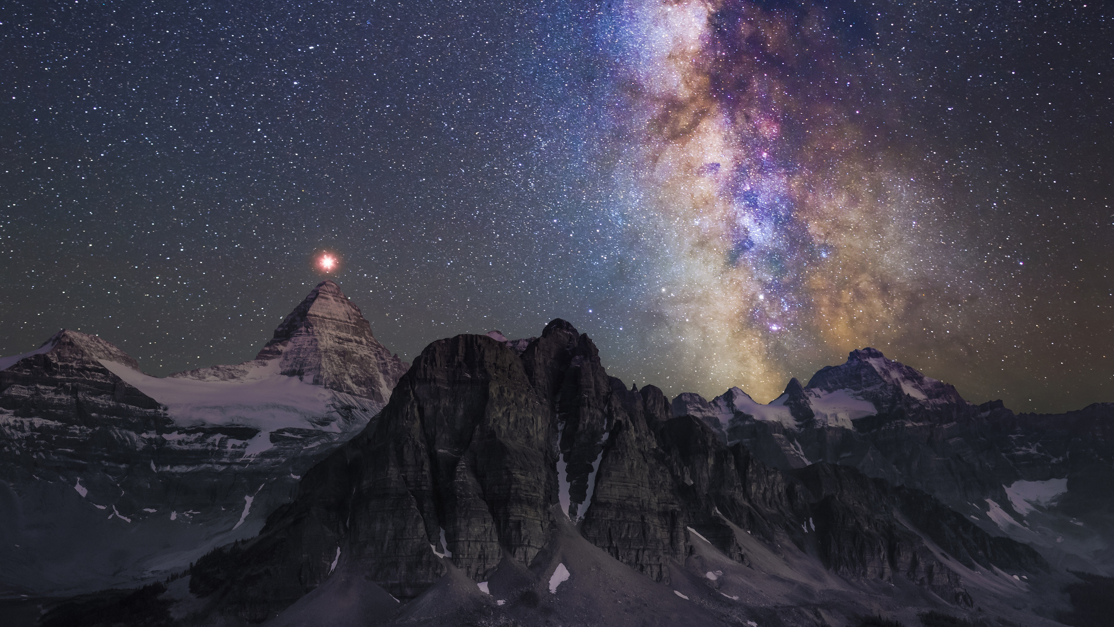 Milky Way over snow-capped mountains and a bright planet HD Wallpaper