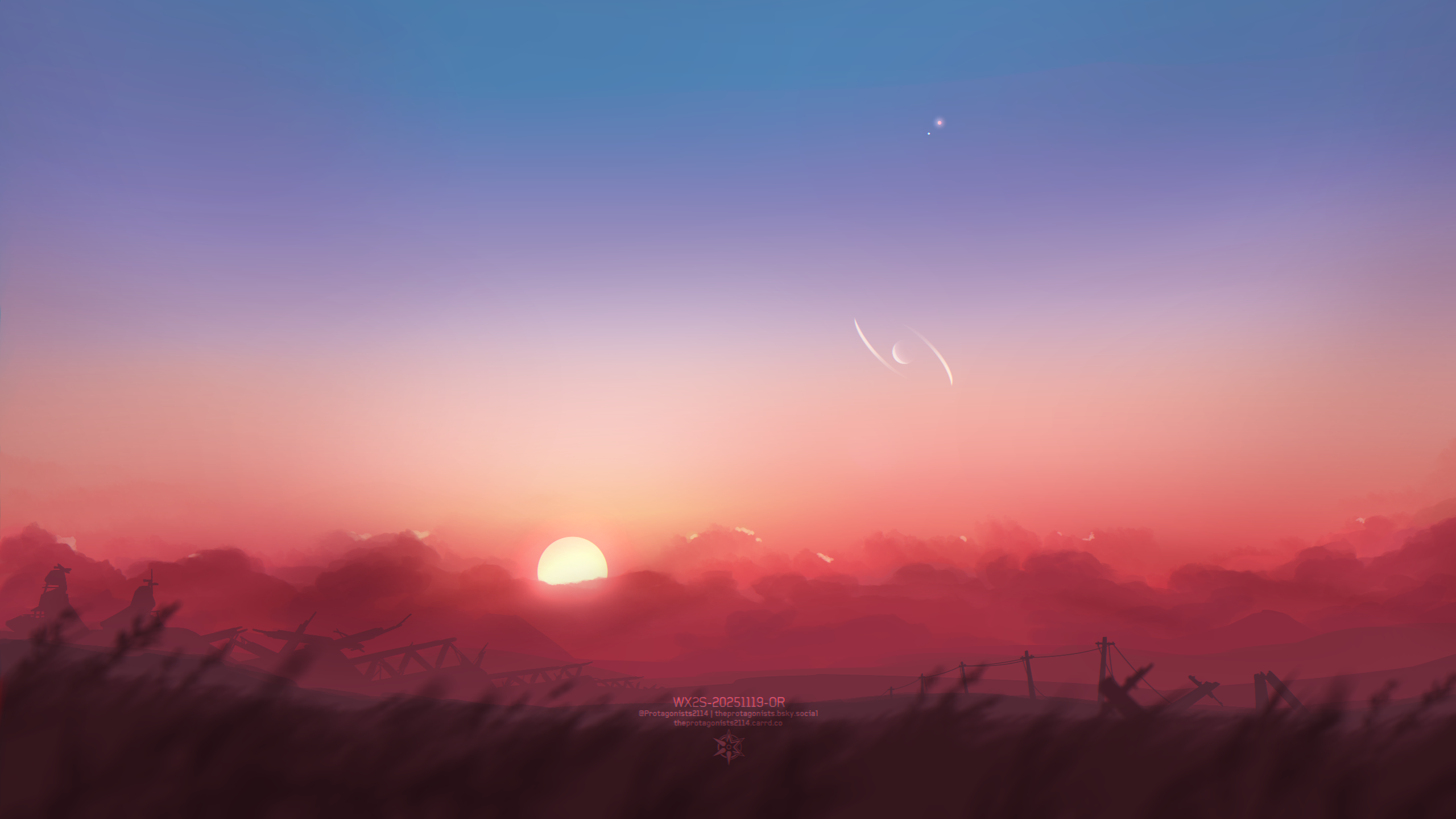 Scenery of a sunset with clouds and a distant planet HD Wallpaper