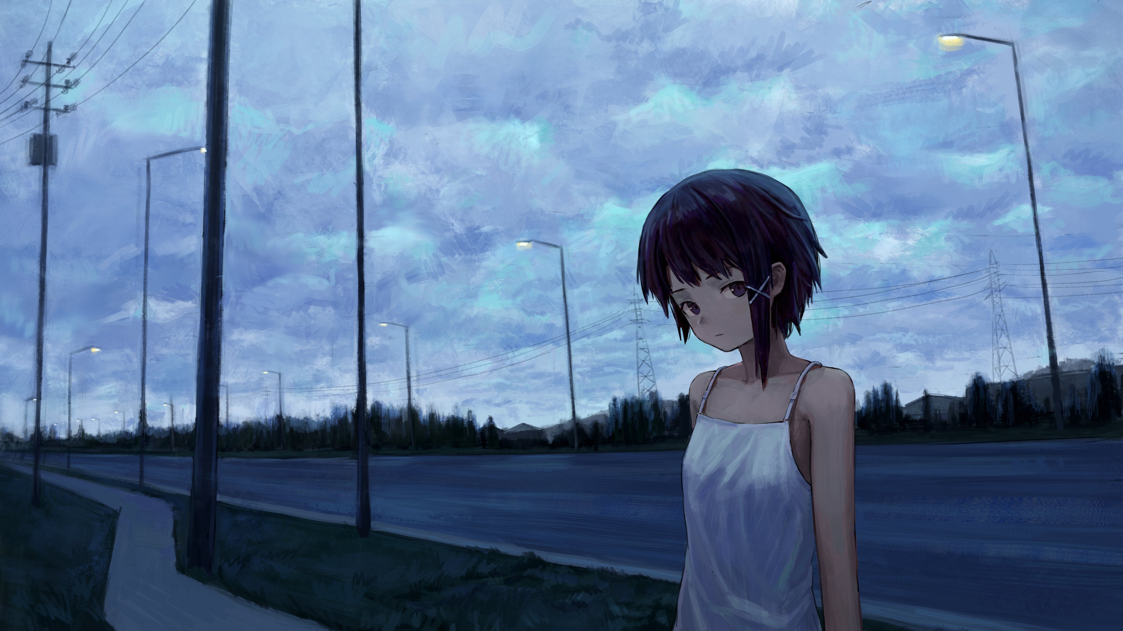 Serial Experiments Lain: Lain Iwakura on a Cloudy Street HD Wallpaper