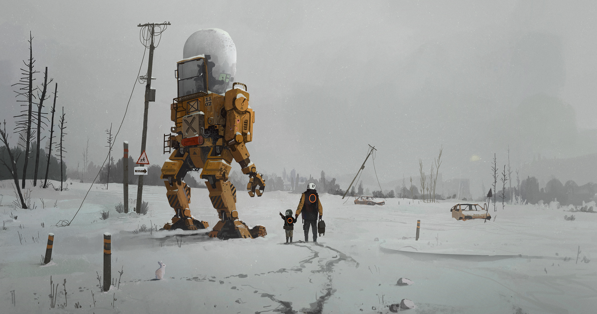 Giant robot with a snowball on its head walks with a child in the snow HD Wallpaper
