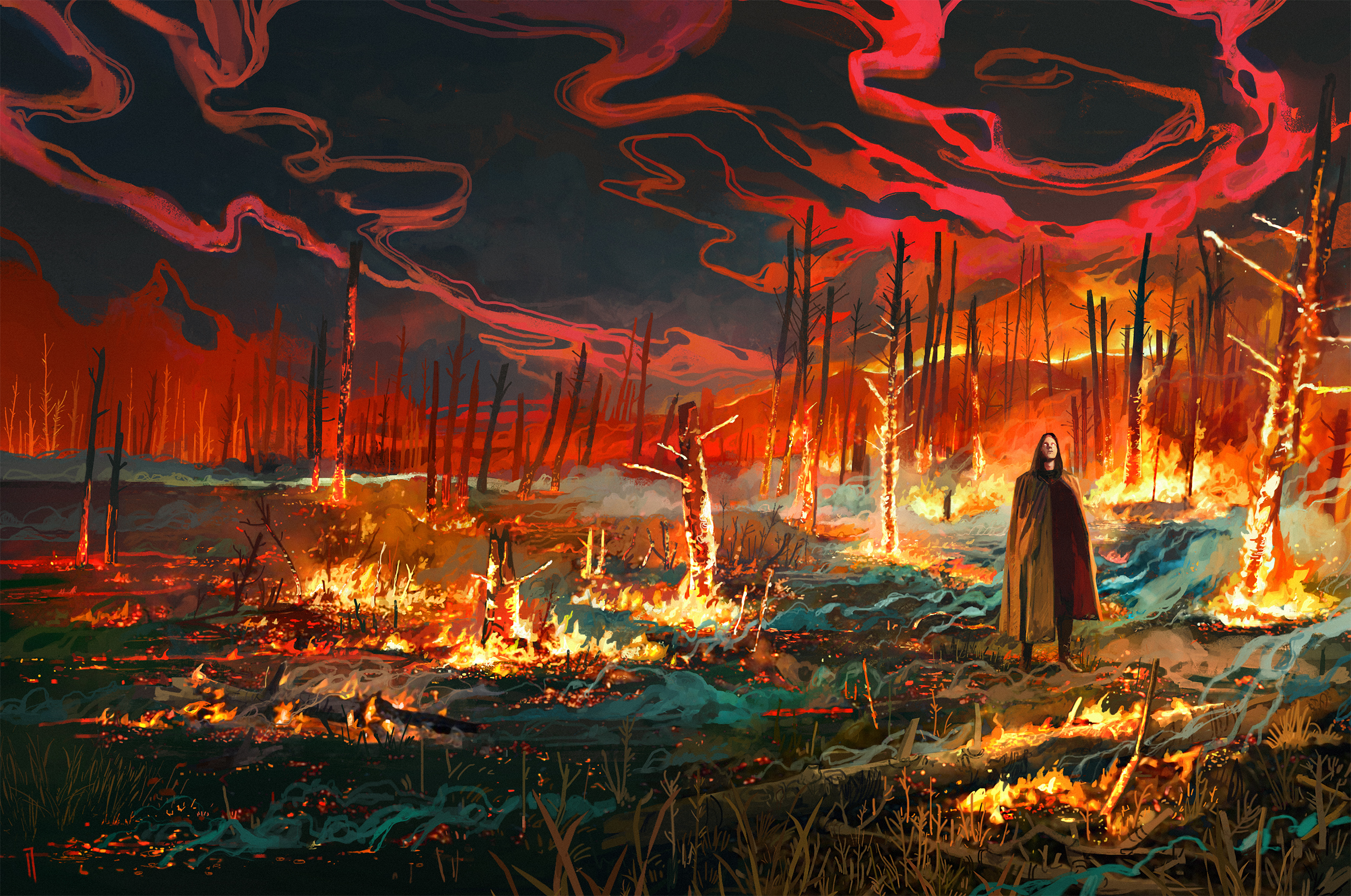 Figure in a burning forest landscape HD Wallpaper