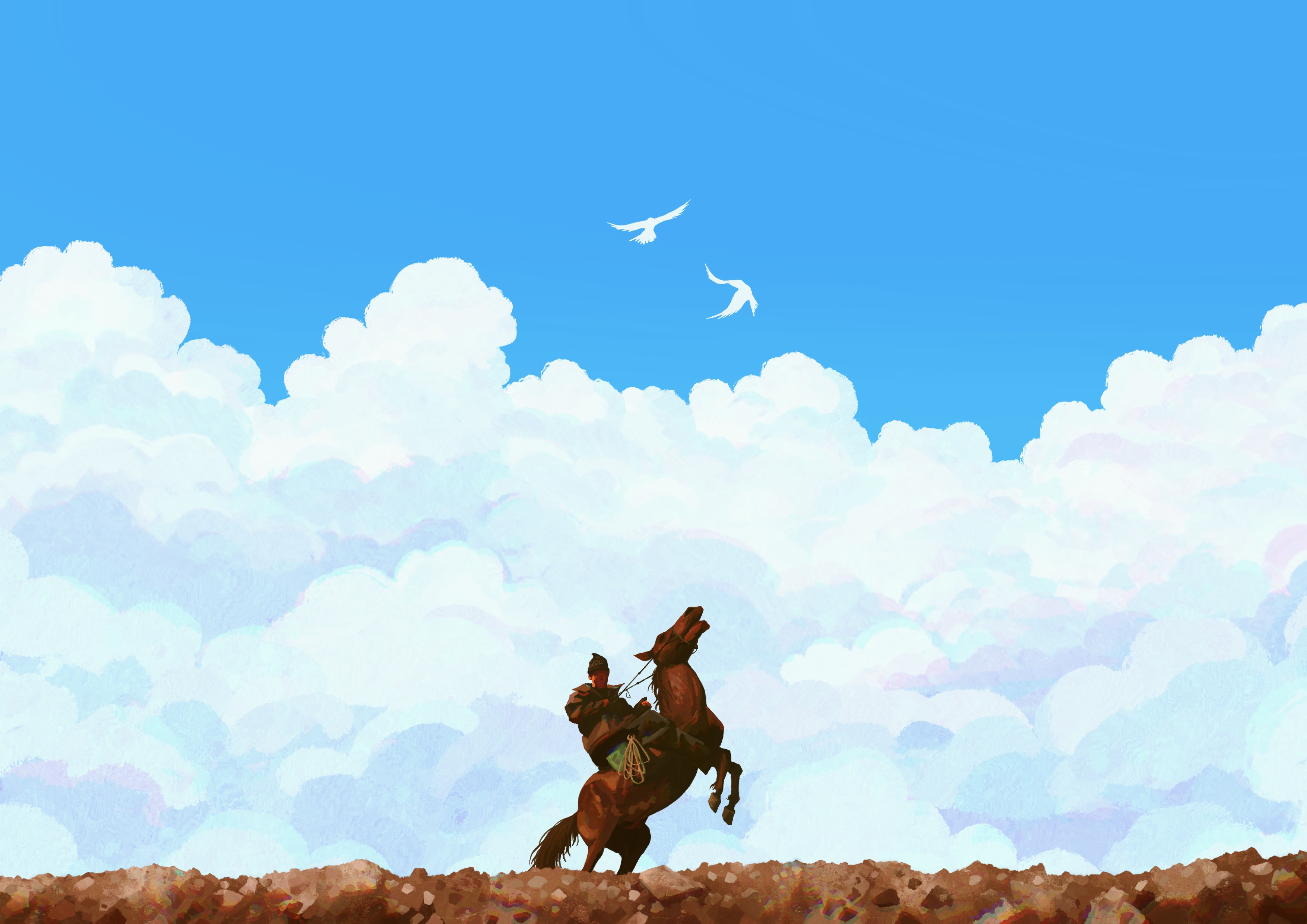Scenery of a horse rider with birds in the sky HD Wallpaper