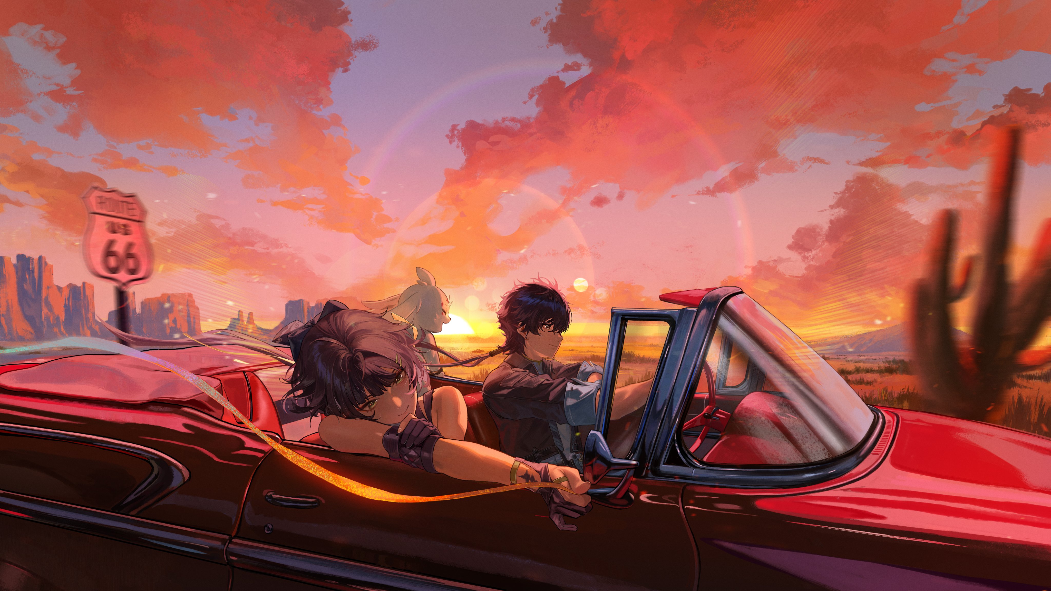 Wuthering Waves characters driving a red car at sunset HD Wallpaper