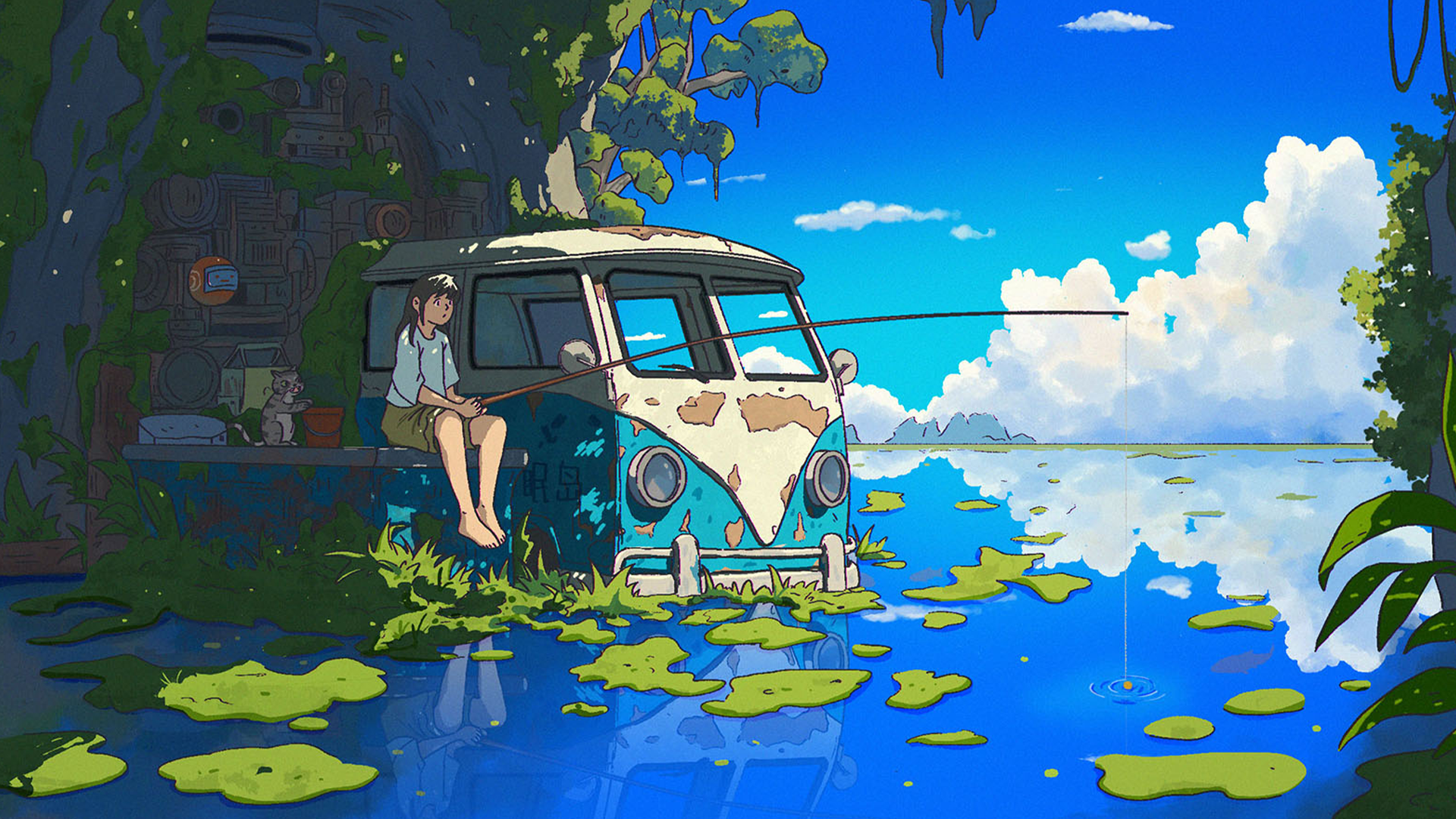 Woman fishing from an abandoned van by the water HD Wallpaper