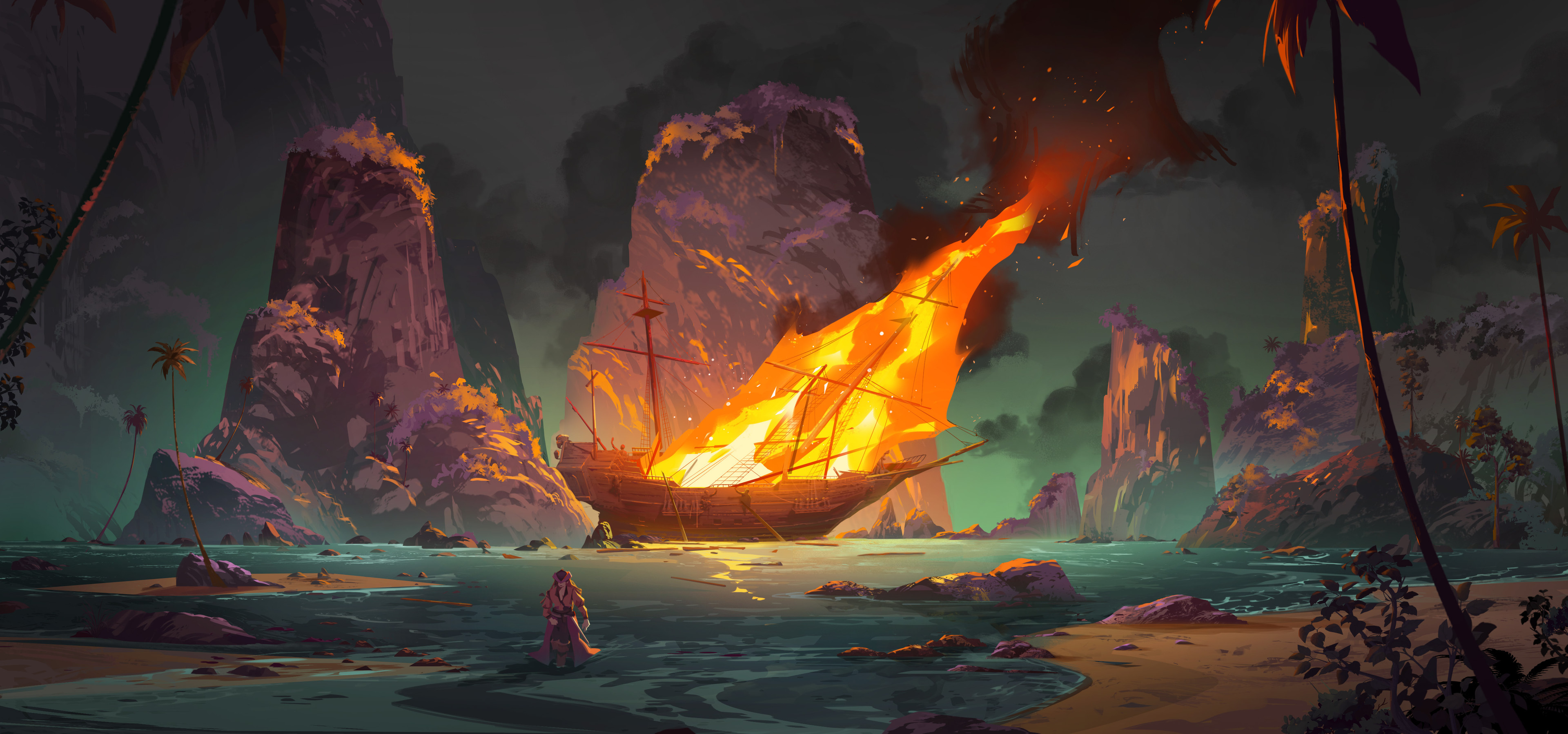Burning ship on a rocky shore with a lone figure HD Wallpaper