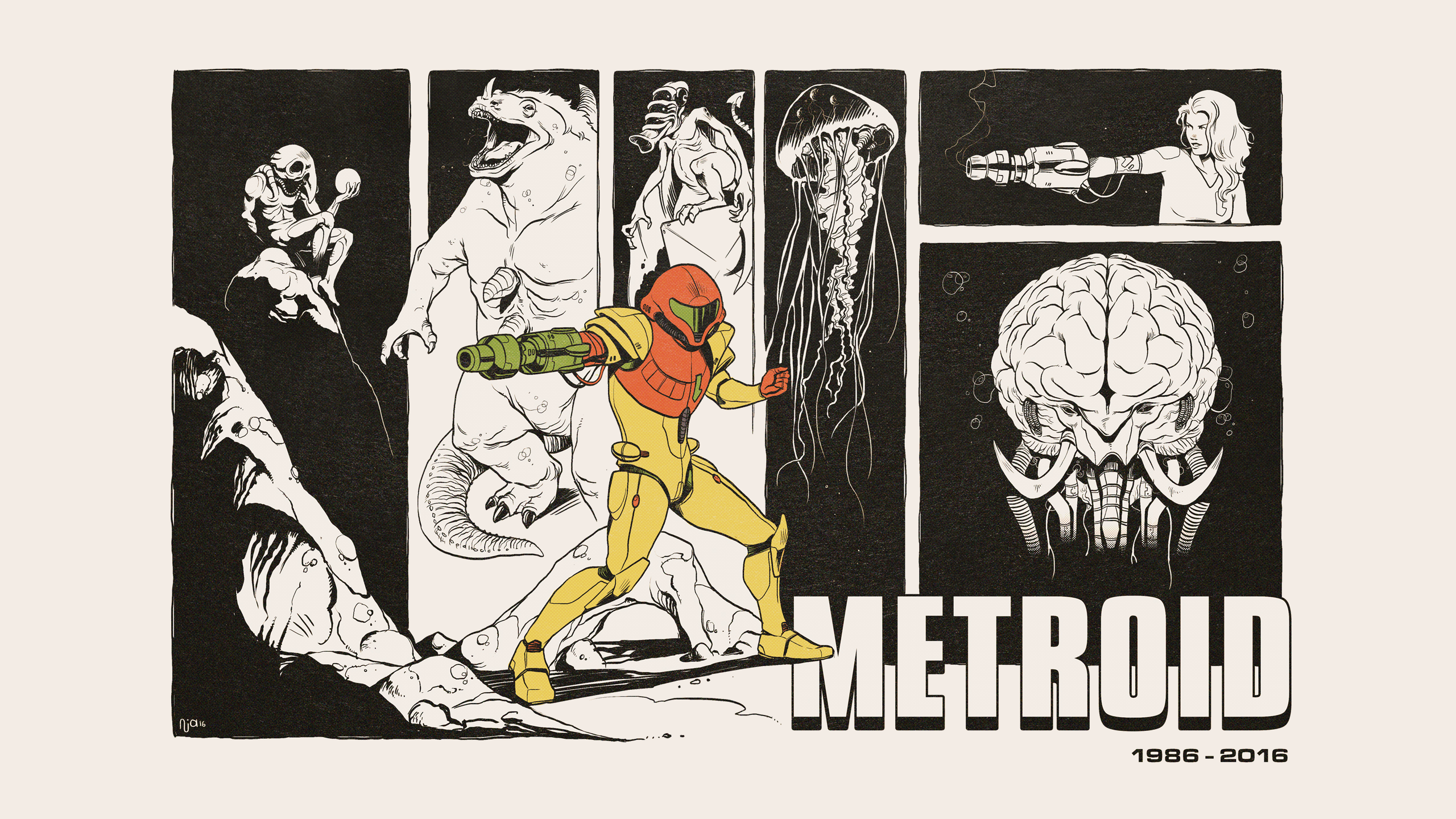 Metroid 1986-2016 montage with Samus Aran and creatures HD Wallpaper