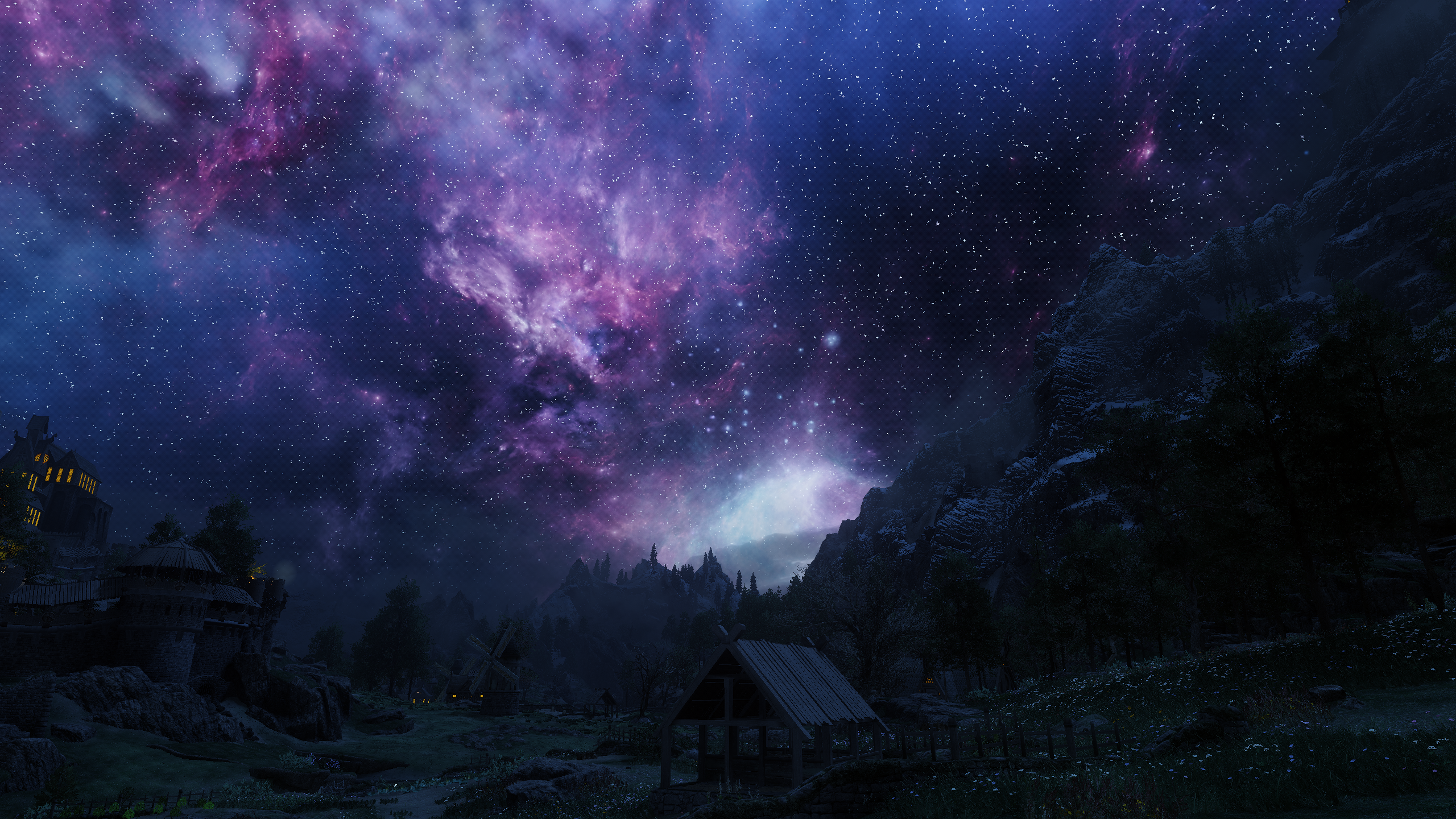 The Elder Scrolls V: Skyrim night sky with nebula and mountains HD Wallpaper